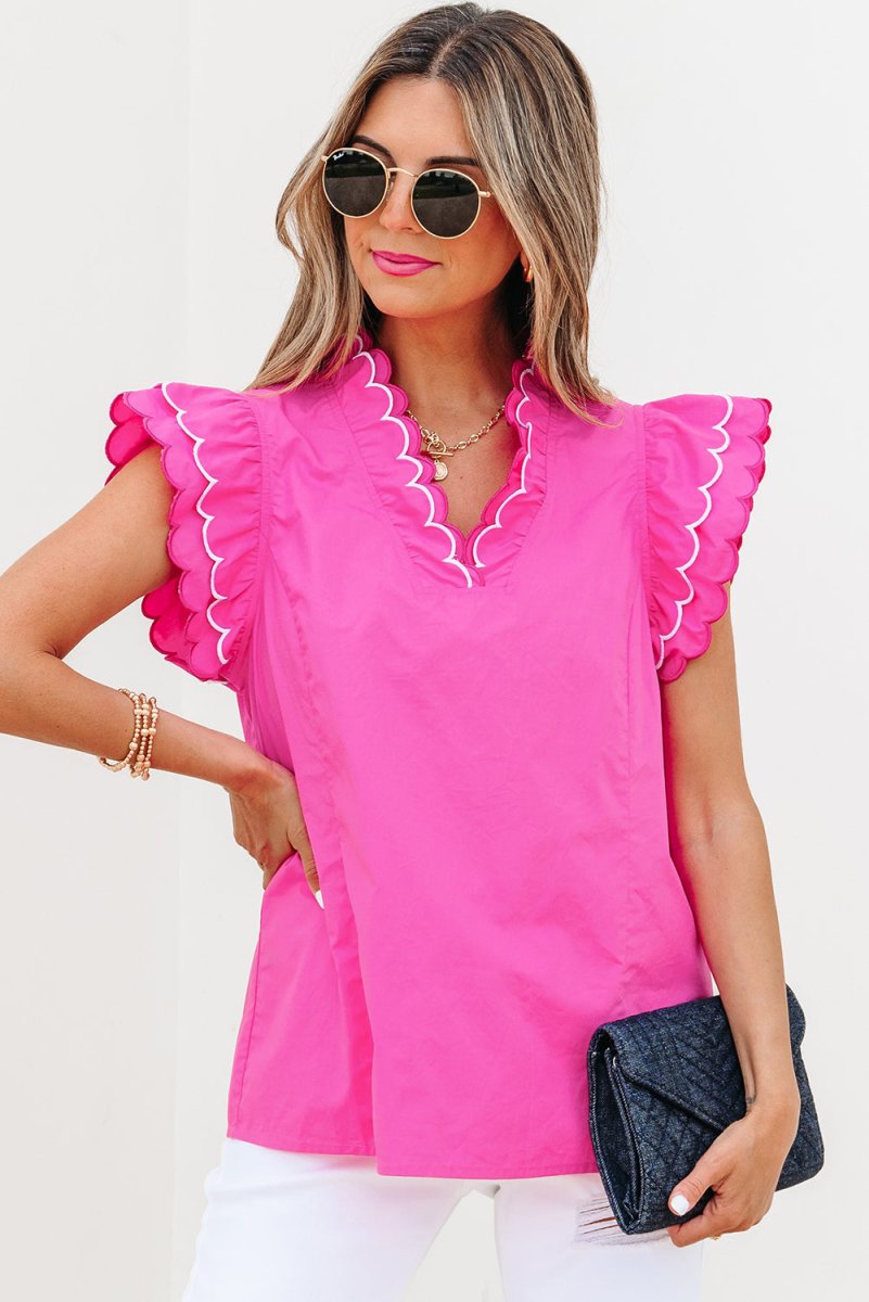 Bright Pink Contrast Scallop Trim Layered V Neck Blouse for Women - Elegant Flowy Top for Office, Date Night & Special Occasions
