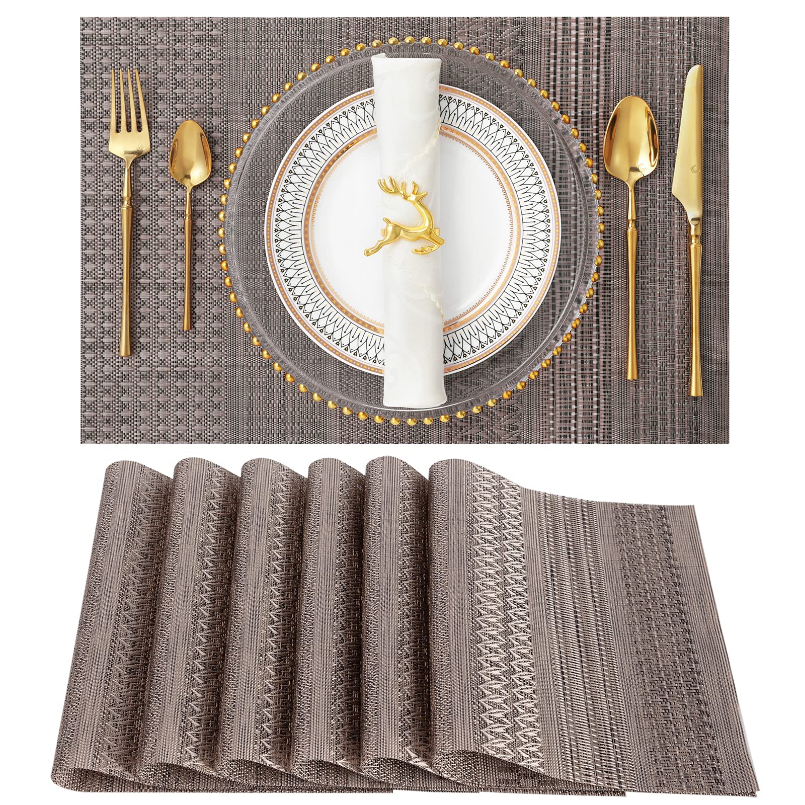 Premium Heat-Resistant & Stain-Resistant PVC Placemats Set of 6 - Non-Slip Woven Vinyl Table Mats for Kitchen Dining, Washable & Durable Brown Placemats - Perfect for Everyday Meals, Dinner Parties & Holiday Gatherings