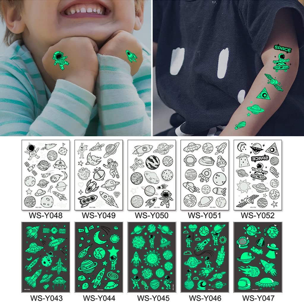 MAYCREATE® 10-Piece Glow in the Dark Kids Temporary Tattoos - Space Theme Cartoon Waterproof Stickers for Boys & Girls - Perfect for Birthday Parties, Halloween Costumes, Sleepovers & Group Activities