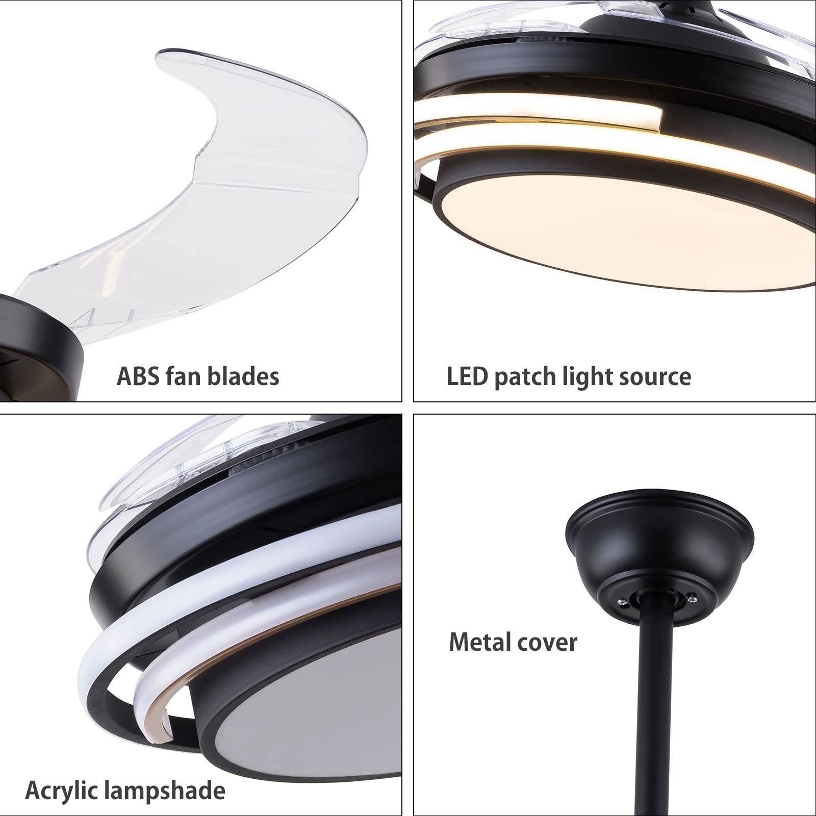 42 Inch Smart Retractable Ceiling Fan with LED Light & Remote - Modern Dimmable Invisible Ceiling Fan, Ultra Quiet for Bedroom, Living Room & Office - Black Energy Efficient Design