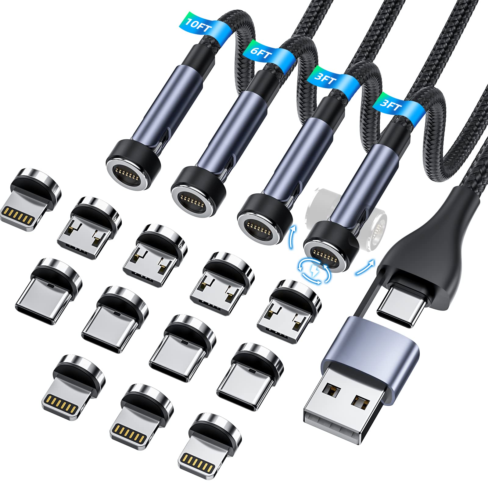 Ankndo 5-in-1 Magnetic Charging Cable Set [4-Pack with 3ft/3ft/6ft/10ft] - 540° Rotating Fast Charger for iPhone, Android, USB-C & Micro USB Devices | Perfect for Home, Office & Travel Charging