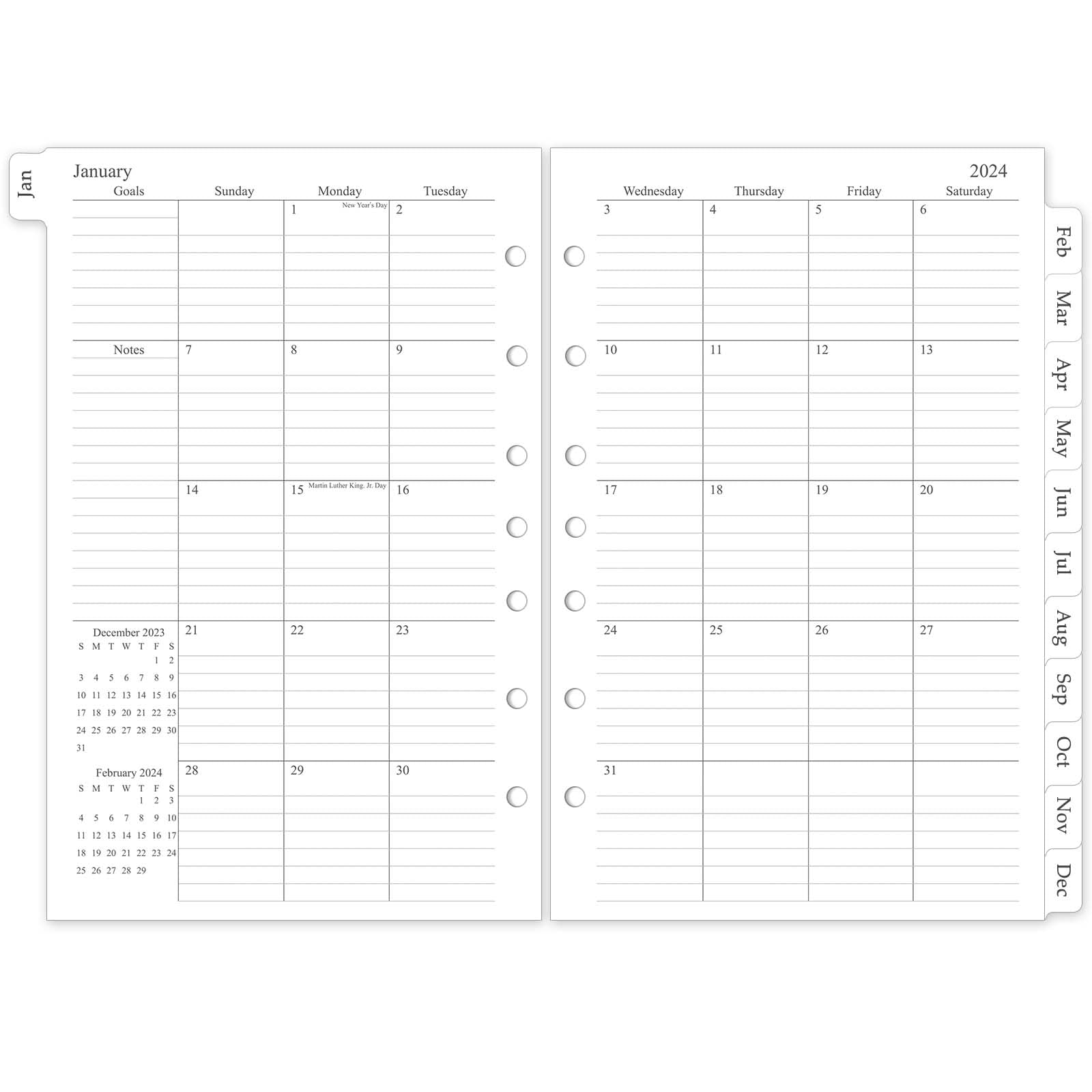 2024-2025 Monthly Planner Refill Inserts for 7 Ring Binders - January 2024 to June 2025 Calendar with Tabs - 5.5