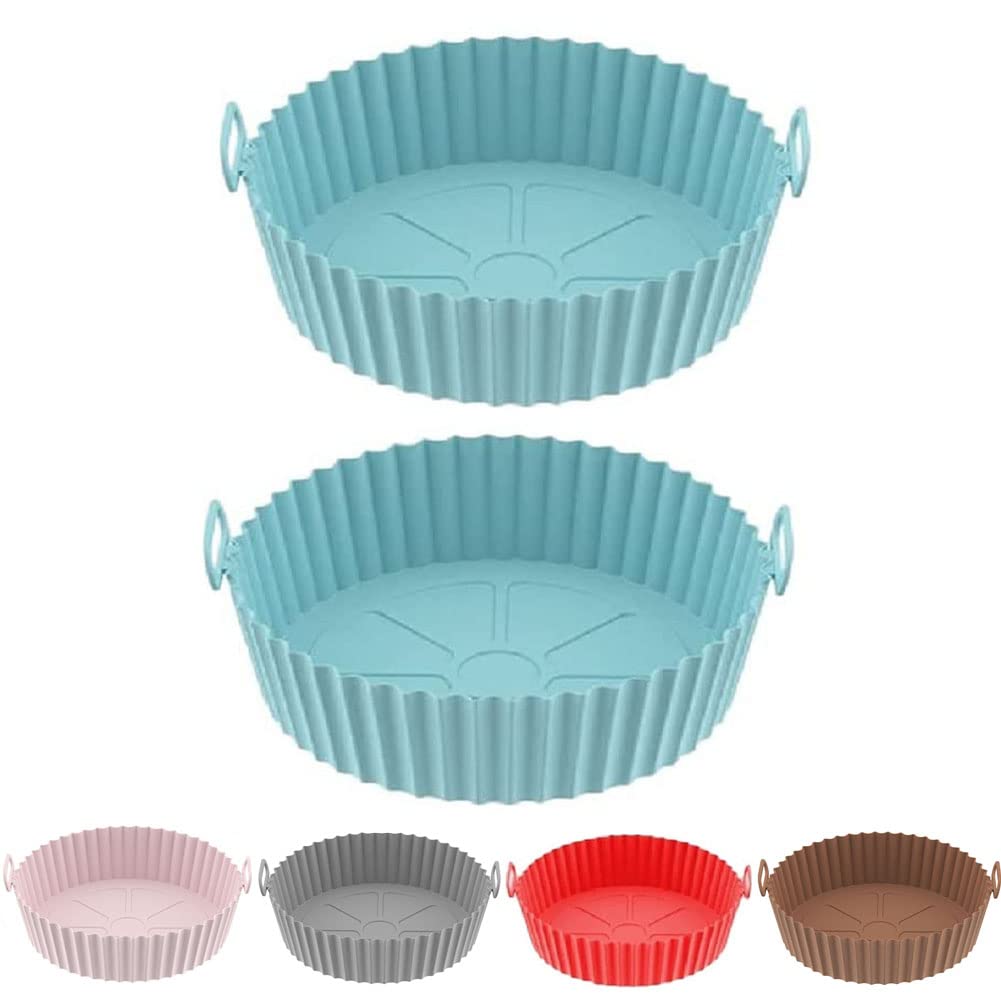 2PCS Air Fryer Silicone Baking Tray & Filters Set - Round Non-Stick Liners for 3.6-6.8QT Air Fryer Basket (Blue) - Perfect for Healthy Cooking, Baking, Roasting & Reheating Food