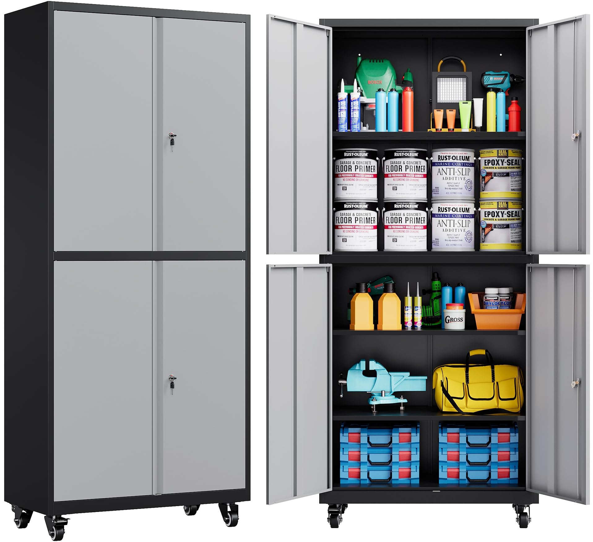 Heavy-Duty Rolling Metal Storage Cabinet with Lock & Wheels - Gray Lockable Garage Cabinet with Adjustable Shelves for Tools, Home, Office & Workshop Organization | Ideal for Garage Storage, Workshop Tool Organization & Home Office Supplies