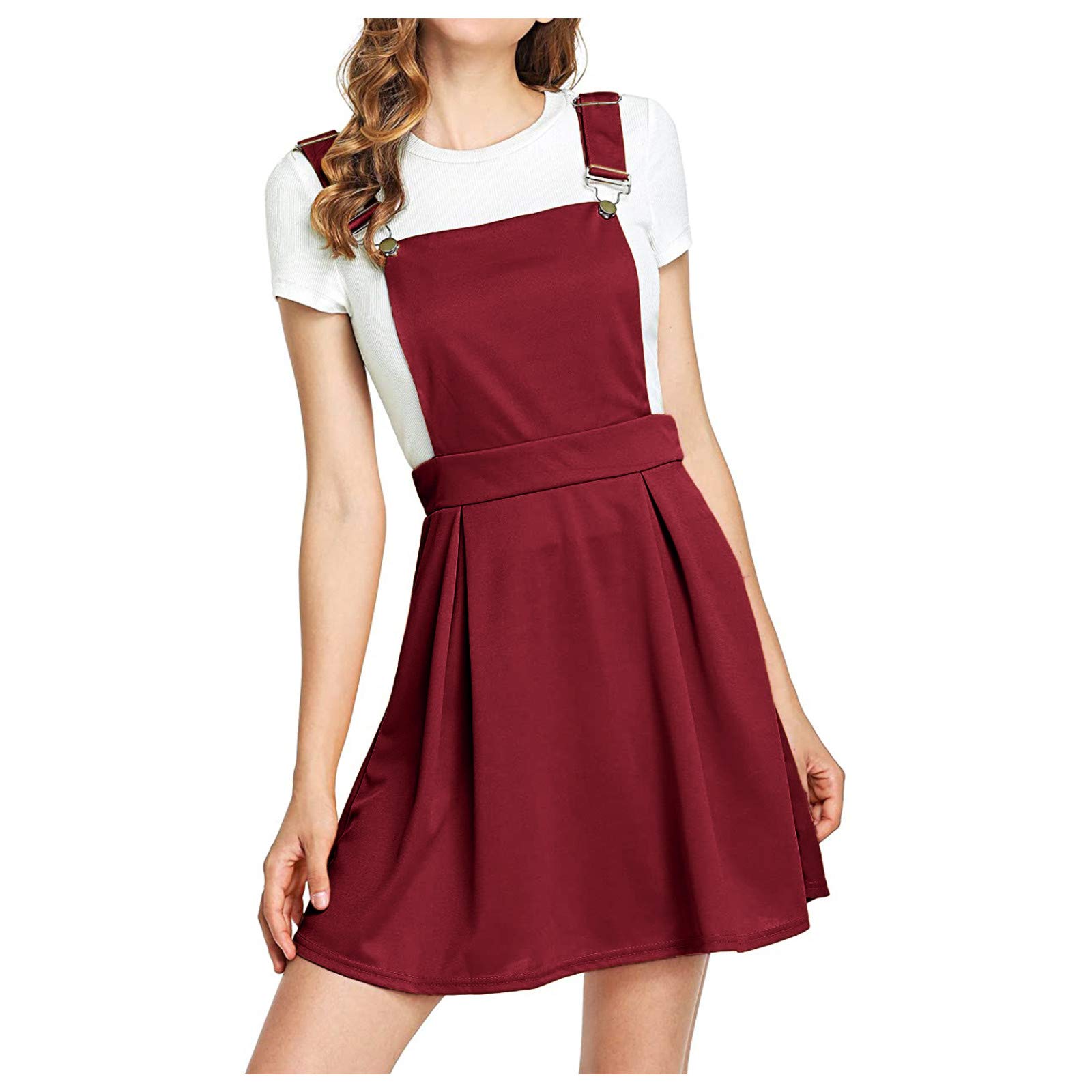 Women's Summer A-Line Adjustable Straps Pleated Mini Pinafore Dress - Wrap Style Sundress in Red (Size S) - Perfect for Beach Vacations, Picnics & Casual Outings