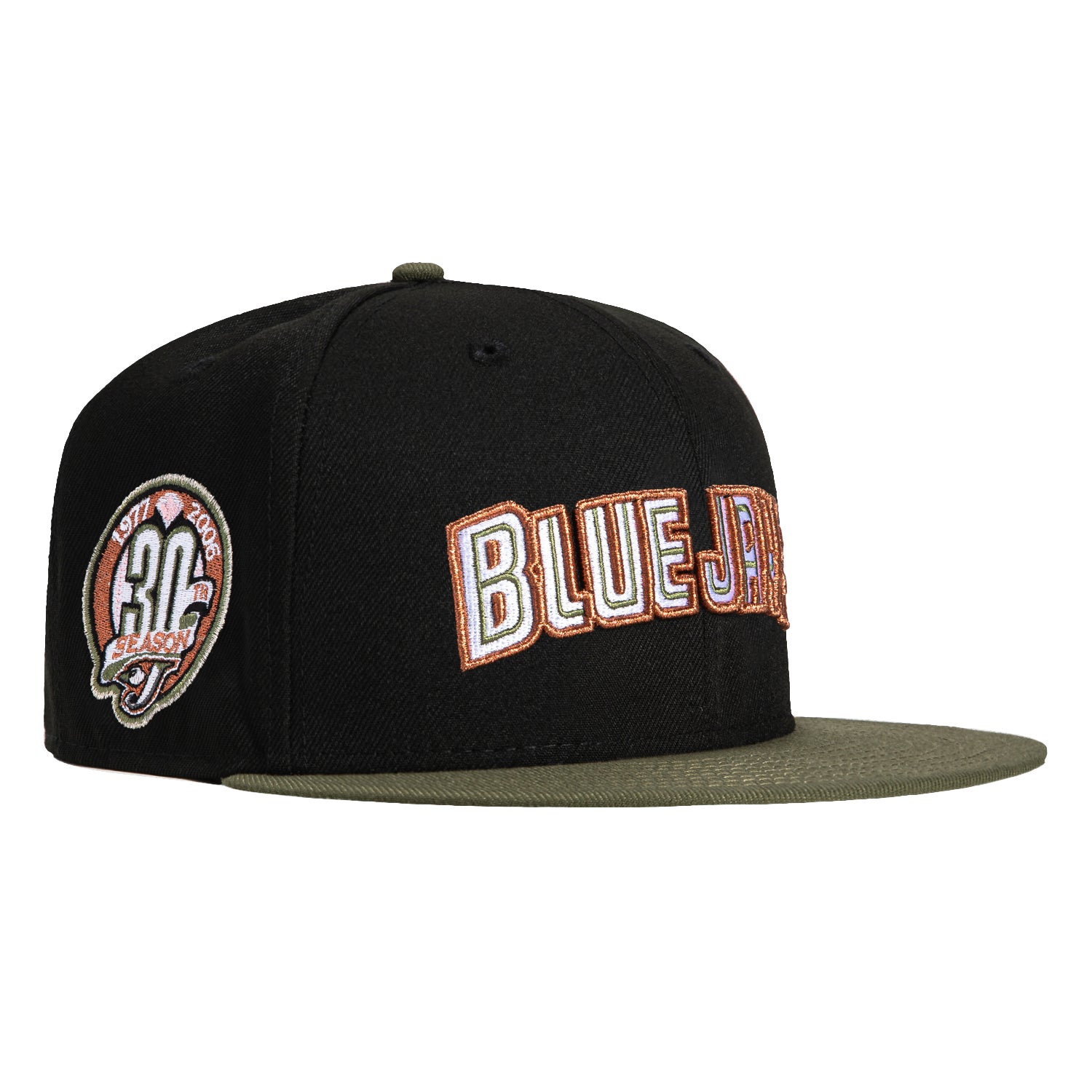 New Era 59Fifty MLB Toronto Blue Jays 30th Anniversary Patch Snapback Hat - Black & Olive - Official Licensed Baseball Cap for Men & Women - Perfect for Games, Collecting & Streetwear Fashion
