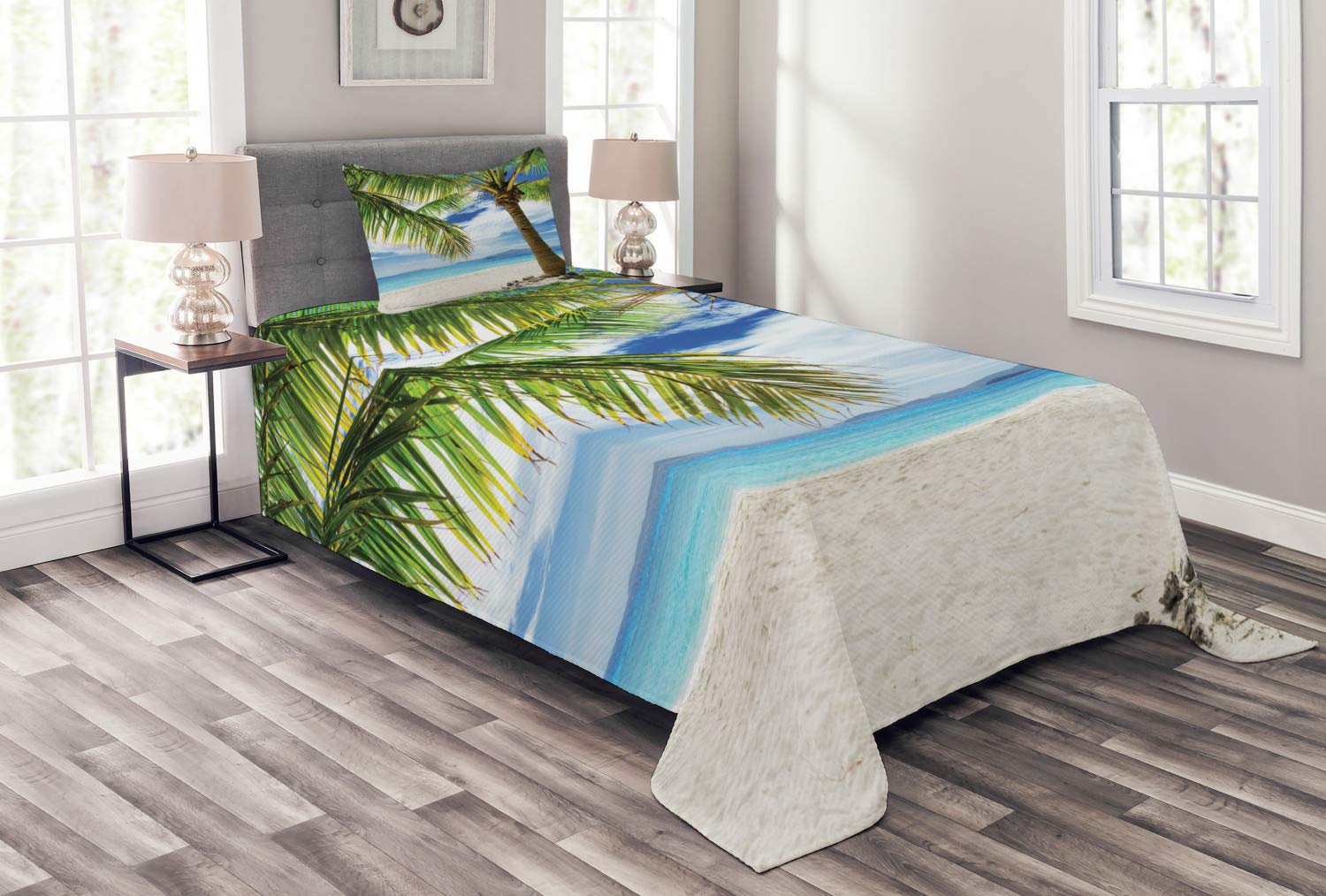 Ambesonne Lonely Palm Tree Bedspread Set - Twin Size 2-Piece Quilted Coverlet with Pillow Sham | Tropical Beach Theme in Coconut Green & Blue | Perfect for Coastal Bedroom Decor, Vacation Home Styling & Philippines Travel Inspired Interiors