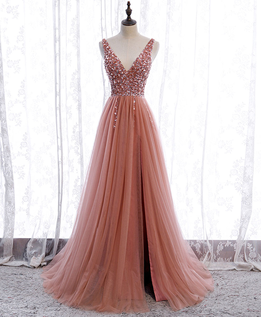 Elegant Pink V-Neck Tulle Sequin Long Prom Dress - A-Line Formal Gown with Beading for Homecoming, Ball, and Evening Parties | Perfect for Prom, Wedding, and Special Occasions