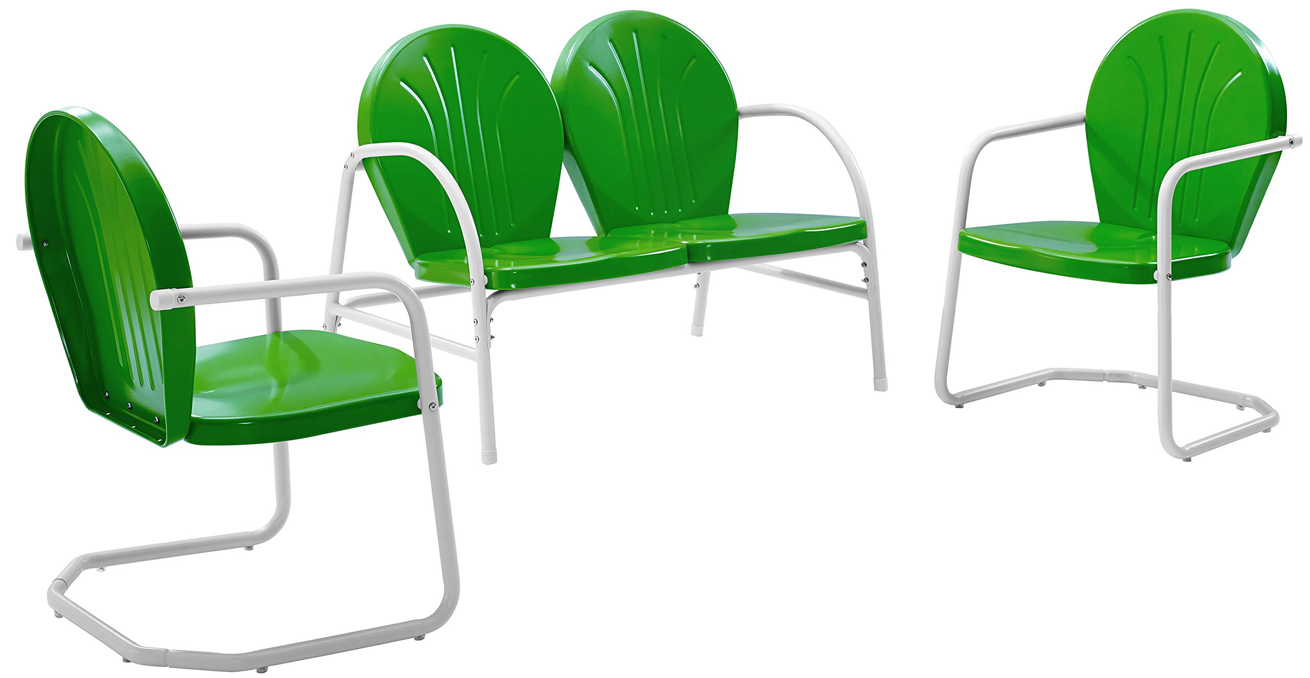 Vintage Metal Outdoor Furniture Set - Crosley Griffith 3-Piece Retro Patio Chairs & Loveseat in Grasshopper Green for Porch, Garden, Backyard & Poolside Relaxation