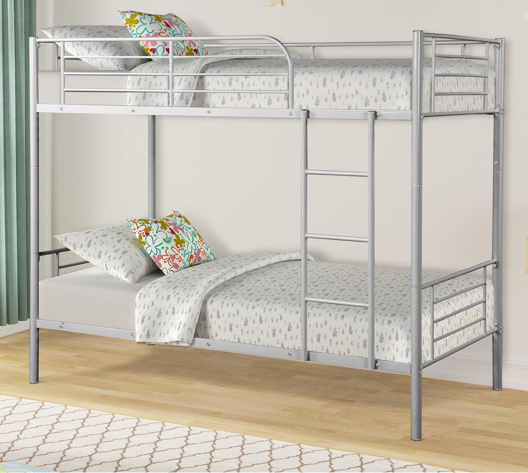 Danxee Heavy Duty Metal Twin Over Twin Bunk Bed Frame with Safety Guard Rails & Flat Ladder - Sturdy for Kids, Teens, Adults (Silver) | Perfect for Small Bedrooms, Dorm Rooms & Space-Saving Kids' Rooms