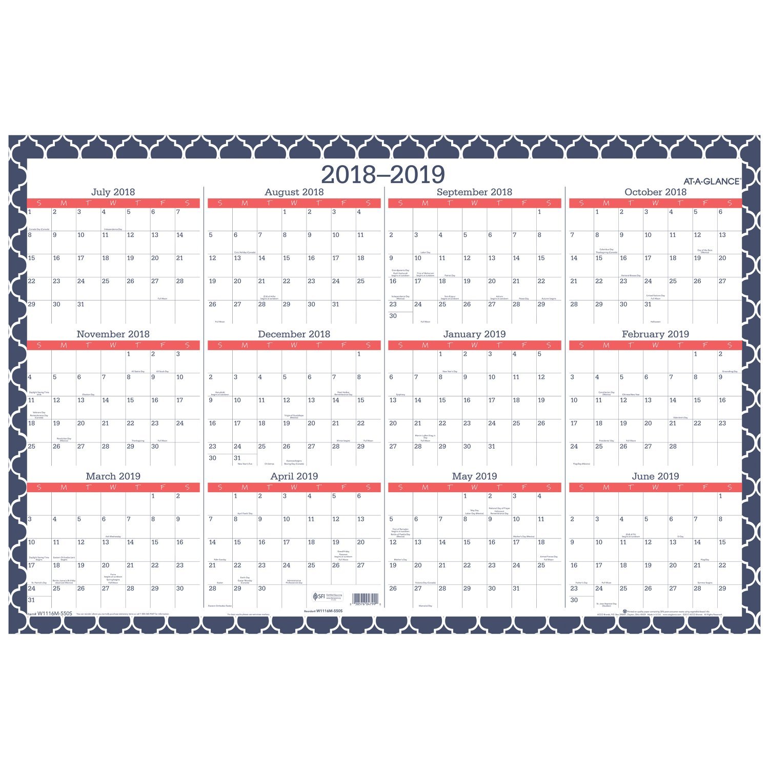 AT-A-GLANCE 2018-2019 Academic Year & Regular Year Wall Calendar - Large Erasable Planner 24