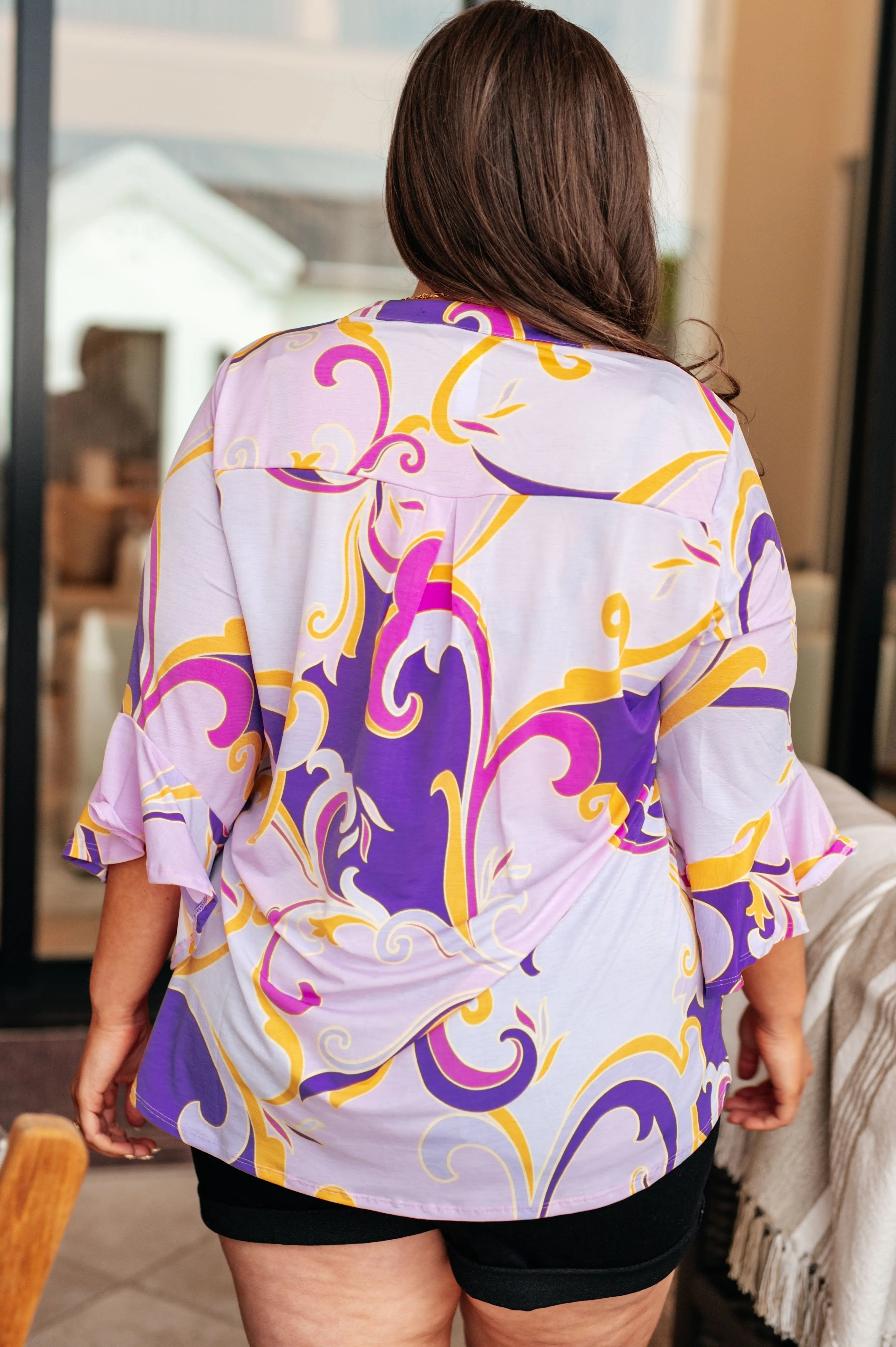 Lizzy Bell Sleeve Blouse - Elegant Regal Lavender & Gold Women's Top for Work, Party & Special Occasions