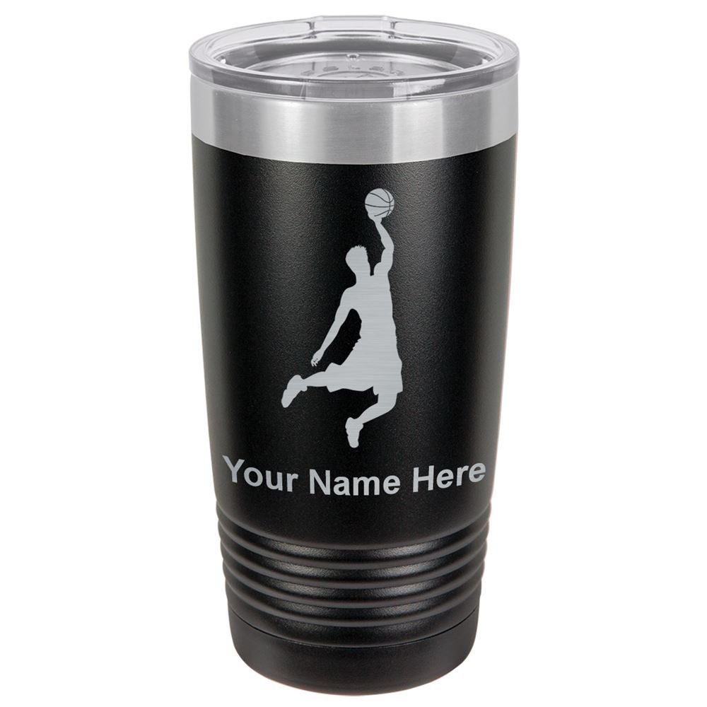 LaserGram 20oz Vacuum Insulated Stainless Steel Tumbler Mug with Basketball Slam Dunk Design - Personalized Engraving Included (Black) - Perfect for Sports Fans, Office Use, Travel & Outdoor Activities
