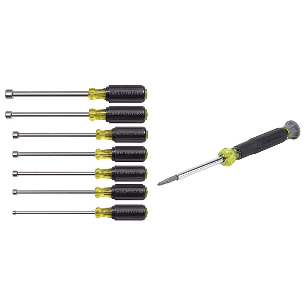 Klein Tools 647M 7-Piece Magnetic Nut Driver Set & 32581 4-in-1 Precision Electronics Screwdriver Set with Cushion Grip - Includes 2 Slotted and 2 Phillips Bits - Ideal for Electrical Work, DIY Projects, and Electronics Repair