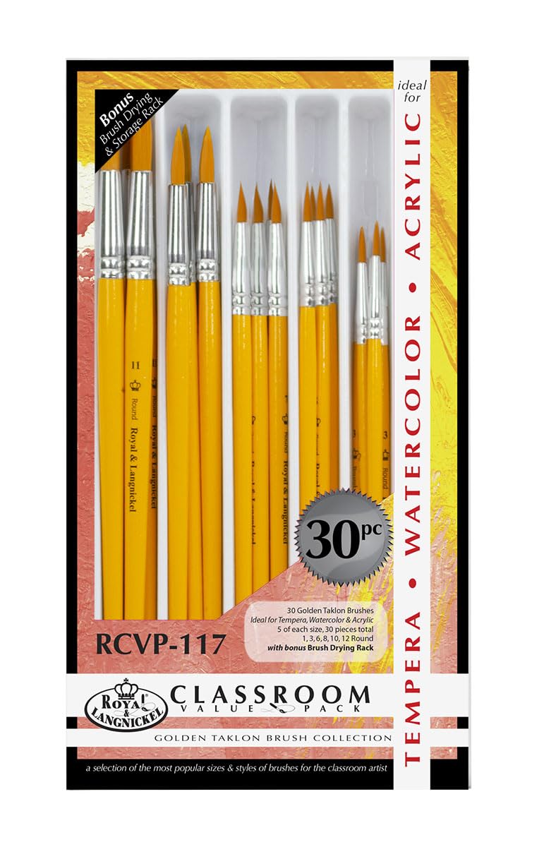 Premium Taklon Round Paint Brushes - Gold Classroom Value Set of 30 - Ideal for Acrylic, Watercolor & Oil Painting - Perfect for Art Students, Teachers & DIY Projects