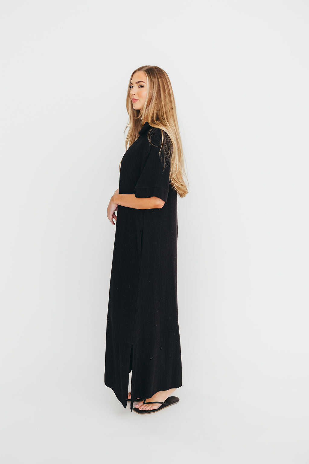 Fallon Black Linen Blend Collared Midi Dress - Bump Friendly Maternity Wear for Work, Parties & Special Occasions