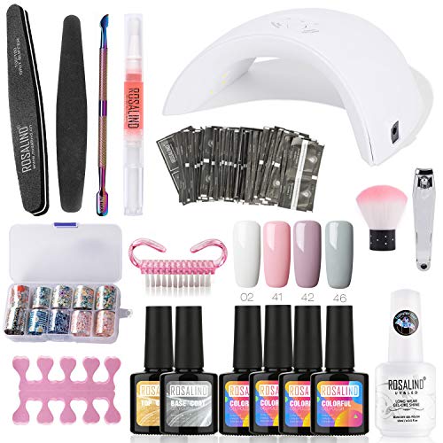 ROSALIND 36W UV LED Nail Lamp Starter Kit - Gel Nail Polish Set with Base & Top Coat, Nail Foil Stickers, DIY Soak Off Semi-Permanent Manicure Kit for Home & Salon Use - Perfect for Nail Art, Parties & Gifts (10ml)