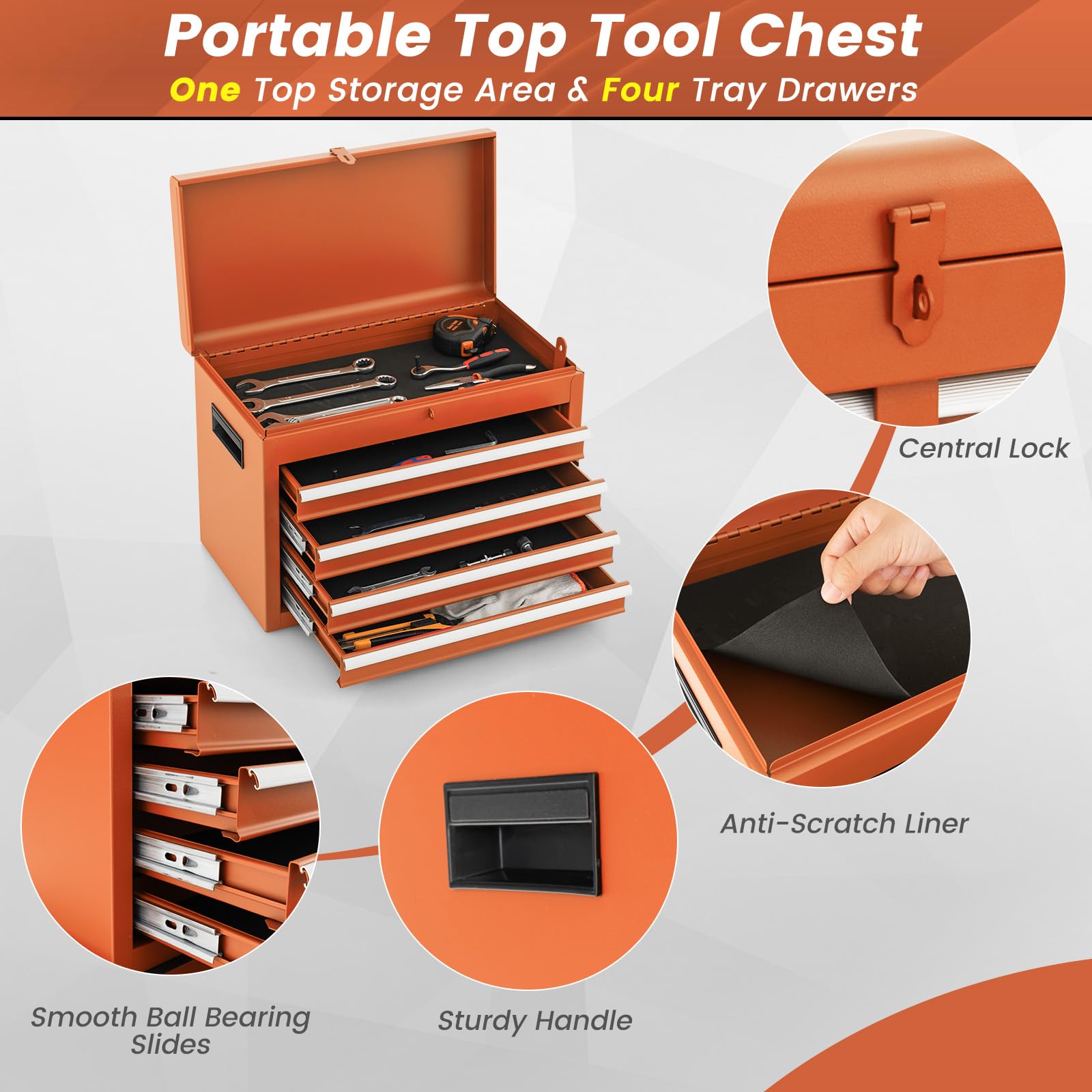 ERGOMASTER Heavy Duty 5-Drawer Rolling Tool Chest with Lockable Cabinet - Orange Tool Box for Garage, Workshop & DIY Projects | Removable Drawers for Easy Organization