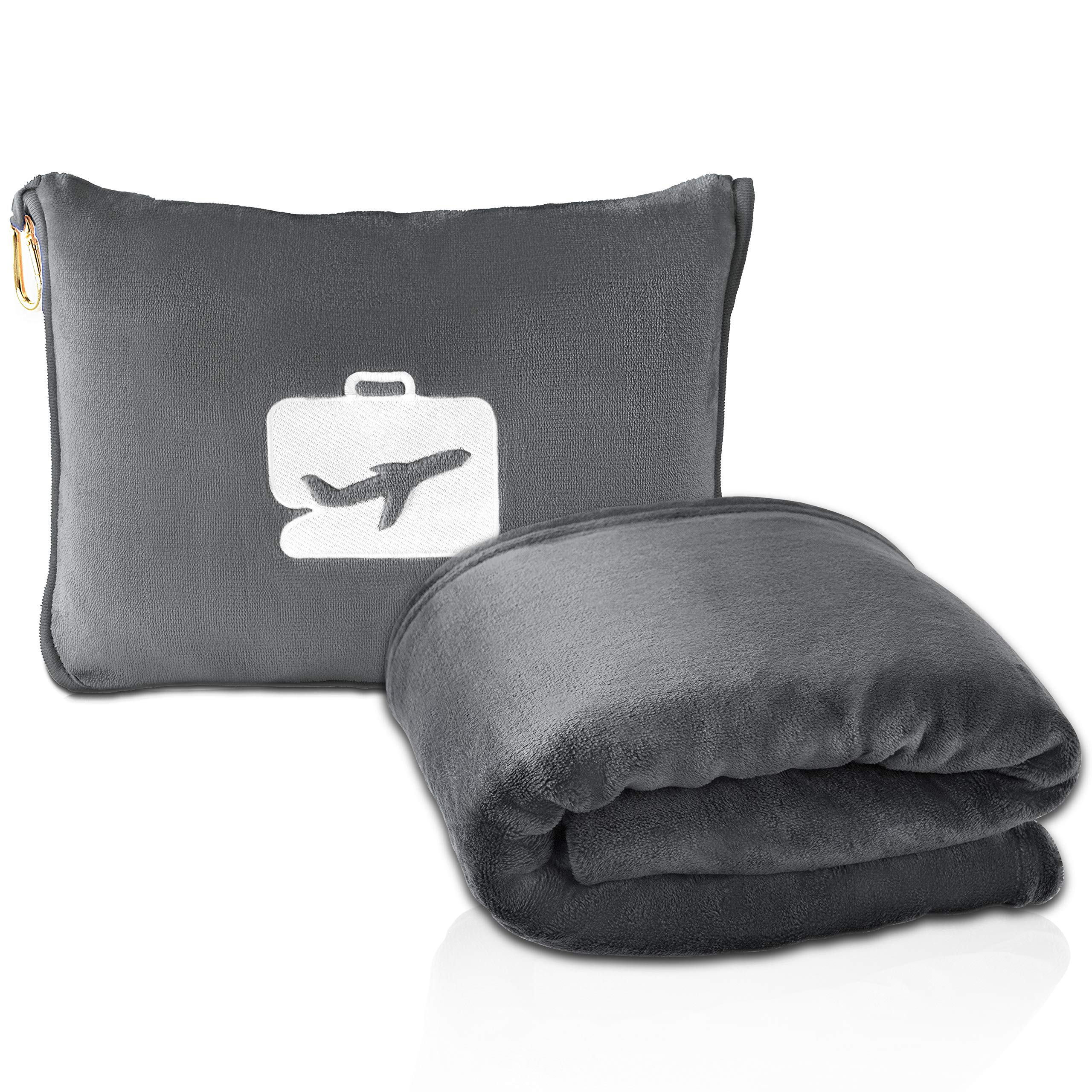 EverSnug Ultra-Soft Travel Blanket and Pillow Set - 65x40 Inch Compact & Lightweight Airplane Blanket with Carry Case, Luggage Sleeve & Backpack Clip - Perfect for Flights, Road Trips, Camping & Office Naps (Grey)