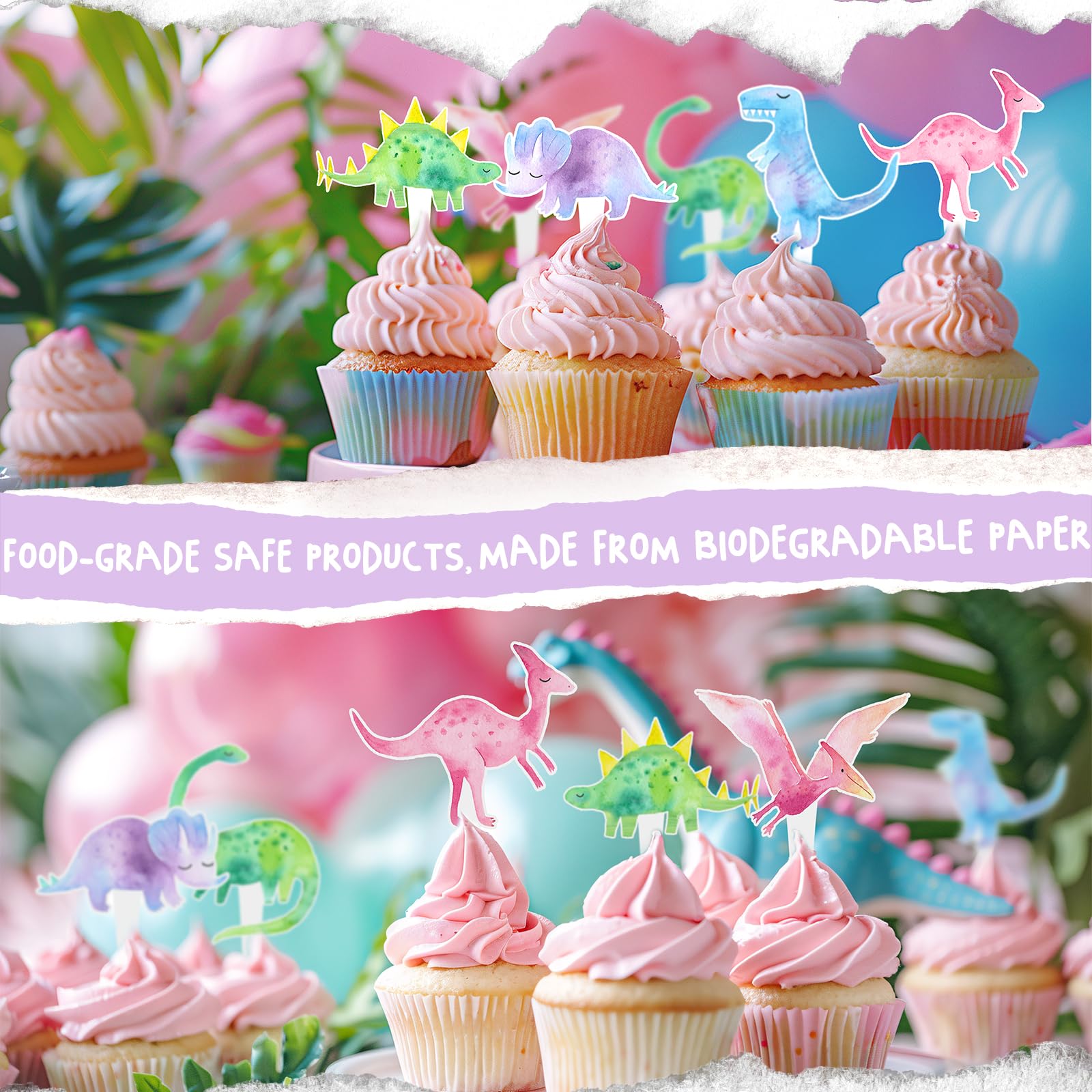 36 Pcs Pink Dinosaur Cupcake Toppers - Adorable Dinosaur Party Decorations for Girls Birthday, Baby Shower & Themed Celebrations - Perfect for Cake, Cupcakes and Dessert Decorations