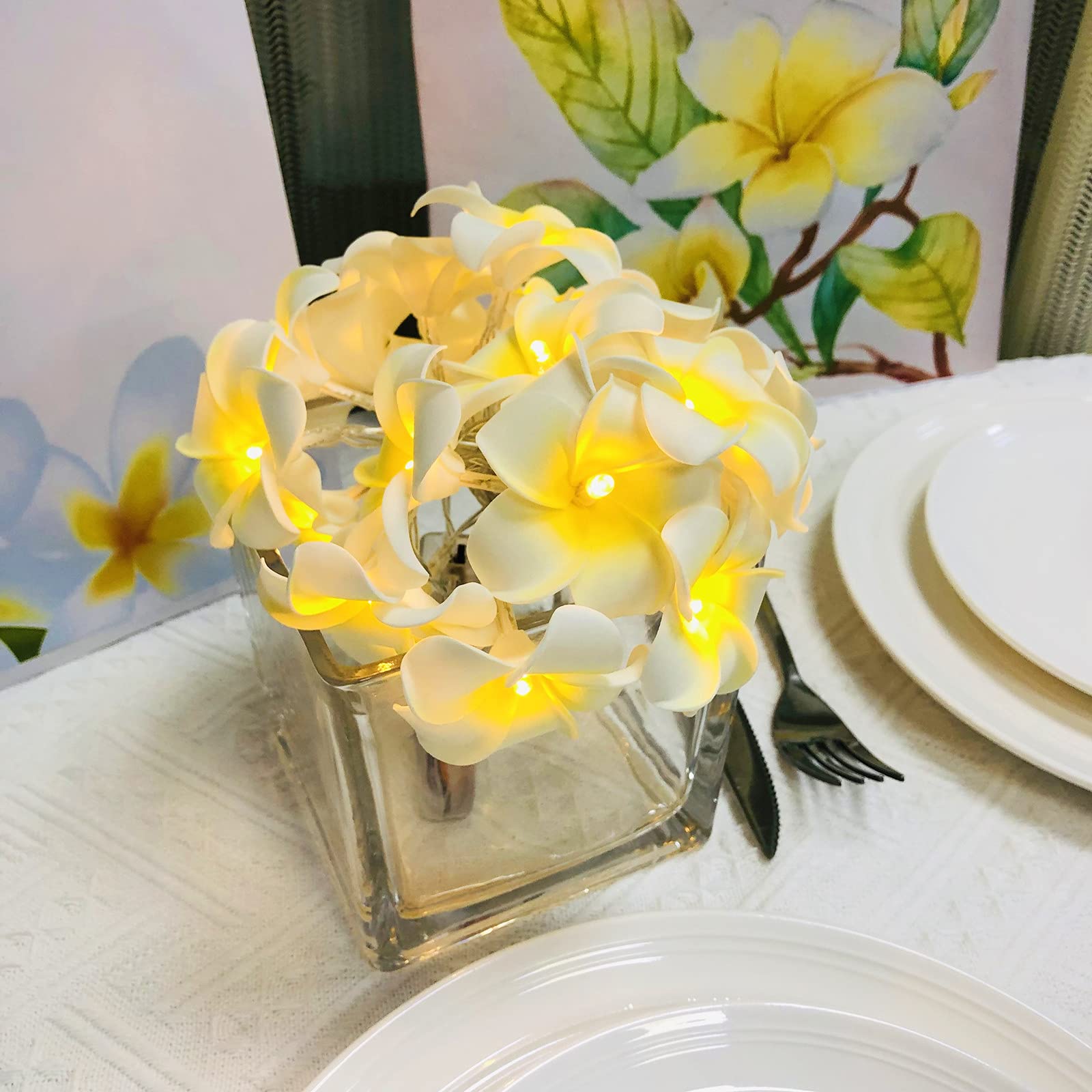 Battery Powered Artificial Plumeria String Lights - 40LED White Frangipani Flower Garland for Wedding, Beach Party, Garden & Patio Decor - Waterproof Fairy Lights for Outdoor & Indoor Use