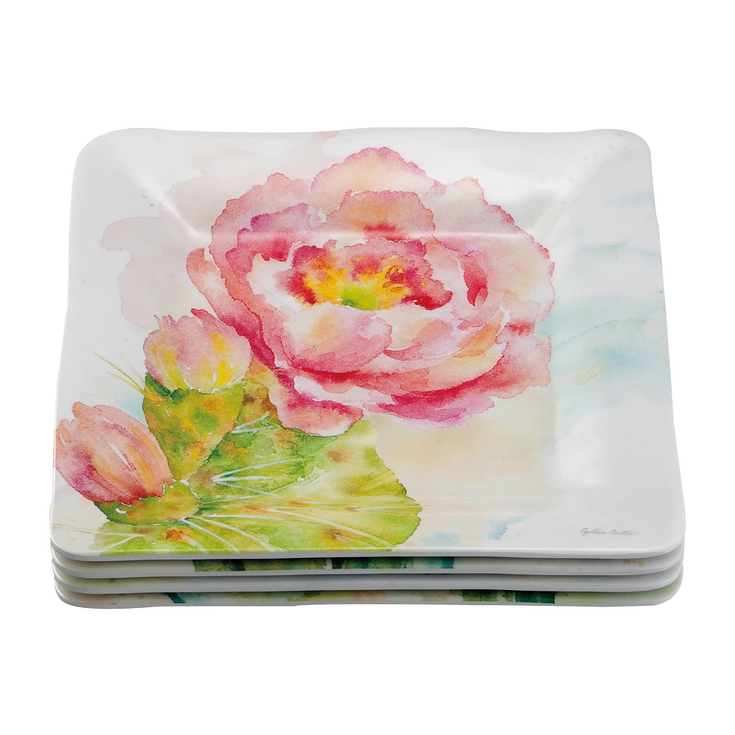 UPware Cactus Melamine Square Dessert Plates - 6 Inch Small Serving Plates for Appetizers, Snacks & Side Dishes - Colorful Set of 4 - Perfect for Parties, Picnics & Outdoor Dining