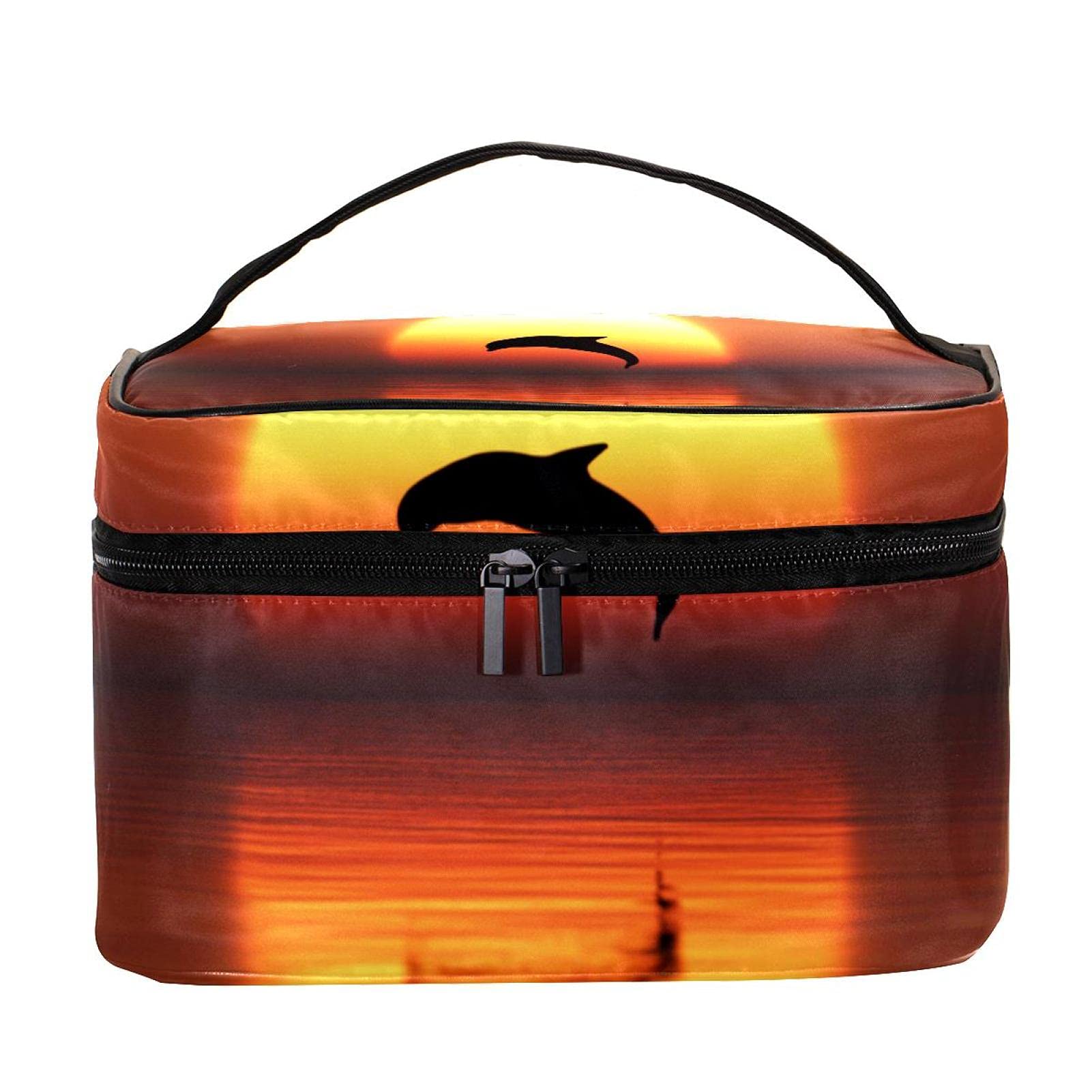 Waterproof Large Travel Makeup Bag with Dolphin Sunset Print - Cosmetic Organizer Case with Zipper for Women & Girls - Perfect for Beach Trips, Vacations & Daily Use