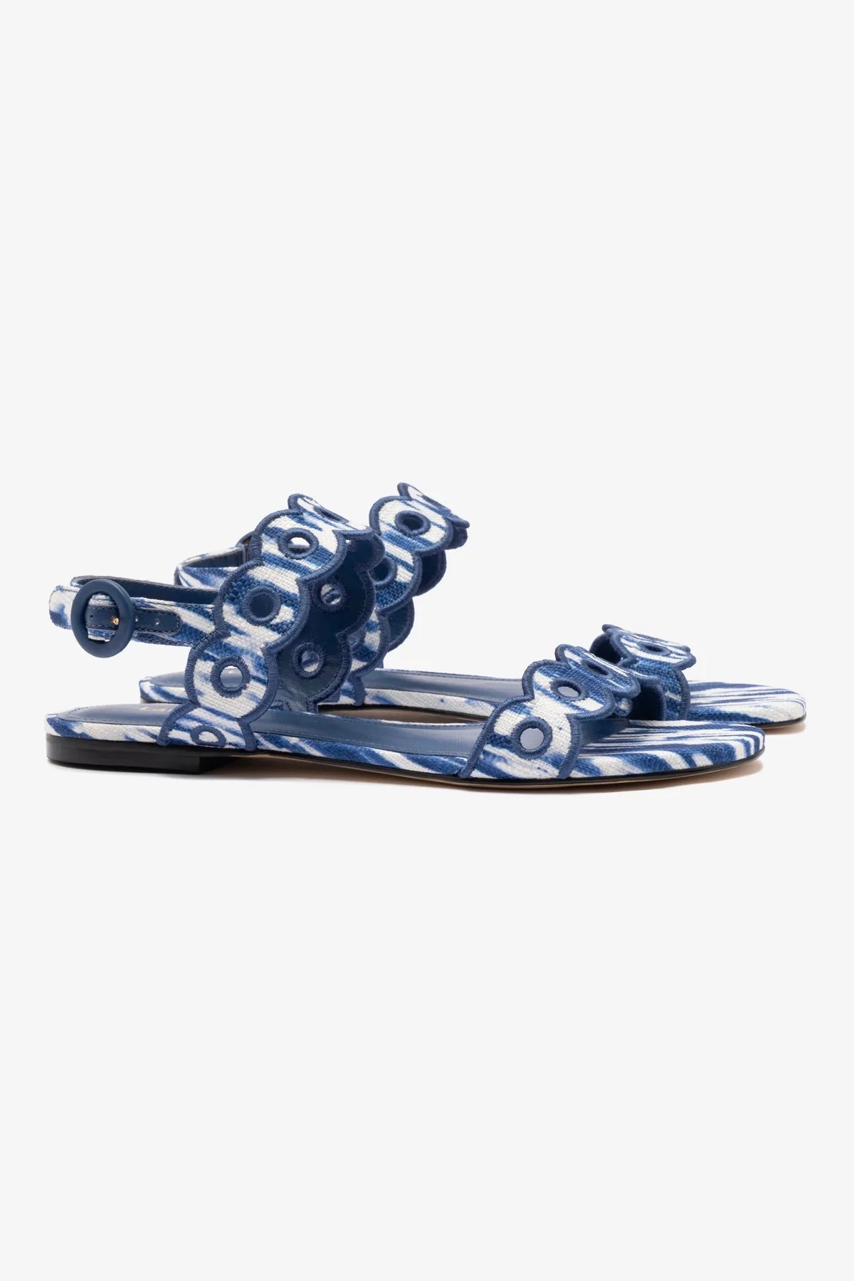 Florence Embroidered Flat Sandals - Tie Dye Blue Raffia Women's Summer Sandals | Comfortable Beach Walking Shoes for Vacation & Casual Outings