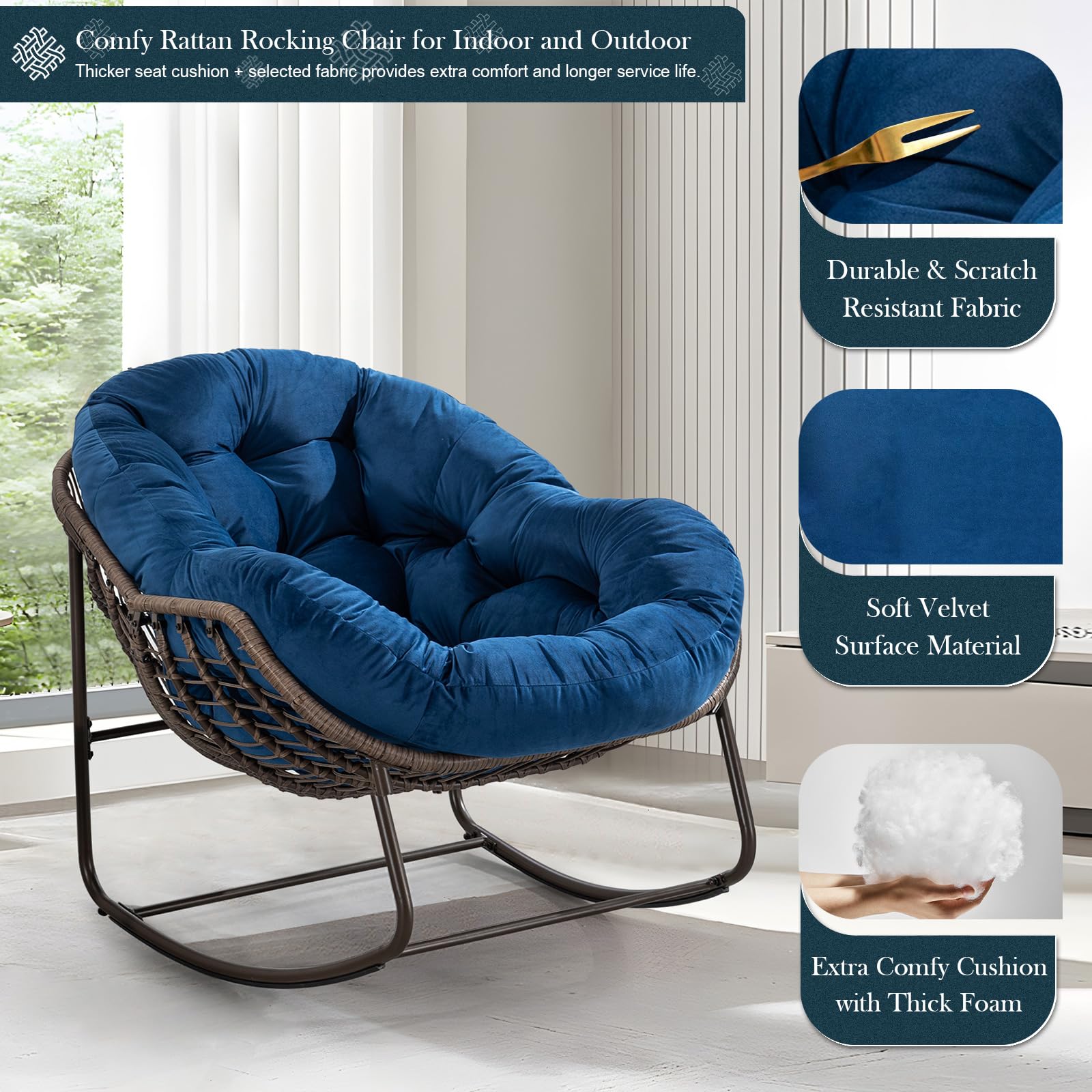 Outdoor Rocking Chair - Oversized Rattan Egg Rocking Chair with Padded Cushion for Patio, Garden, Porch, Balcony & Backyard - Modern Lounge Recliner Chair in Navy Blue - Perfect for Relaxing, Reading & Sunbathing