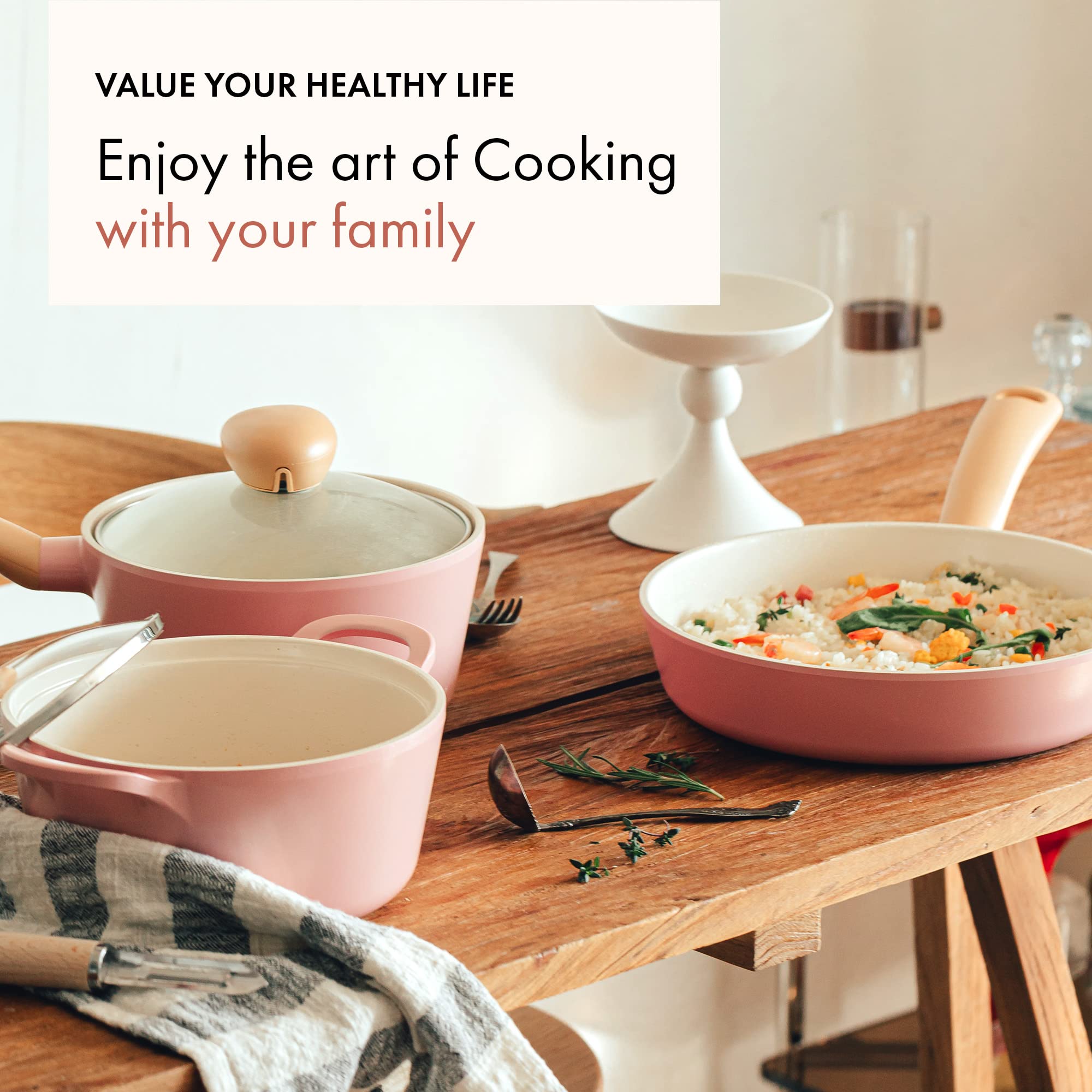 Neoflam Retro 5-Piece Ceramic Nonstick Cookware Set - PFOA Free Pots and Pans with Steam Vent Lids & Heat Resistant Silicone Handles - Safe Cooking for Home Kitchen, Perfect for Boiling, Frying & Sauteing - Pink