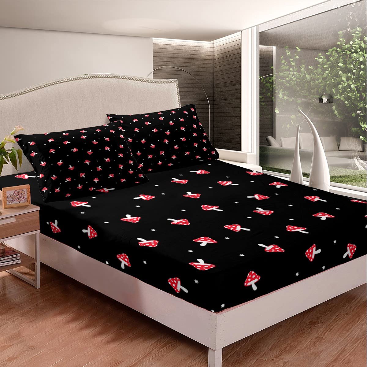 Feelyou Mushroom Print Fitted Sheet Set - Soft Botanical Plants Bedding for Kids, Girls, Boys & Teens - Queen Size Bed Cover with Cute Mushroom Design - Perfect for Nursery, Dorm Room & Cozy Bedroom Decor