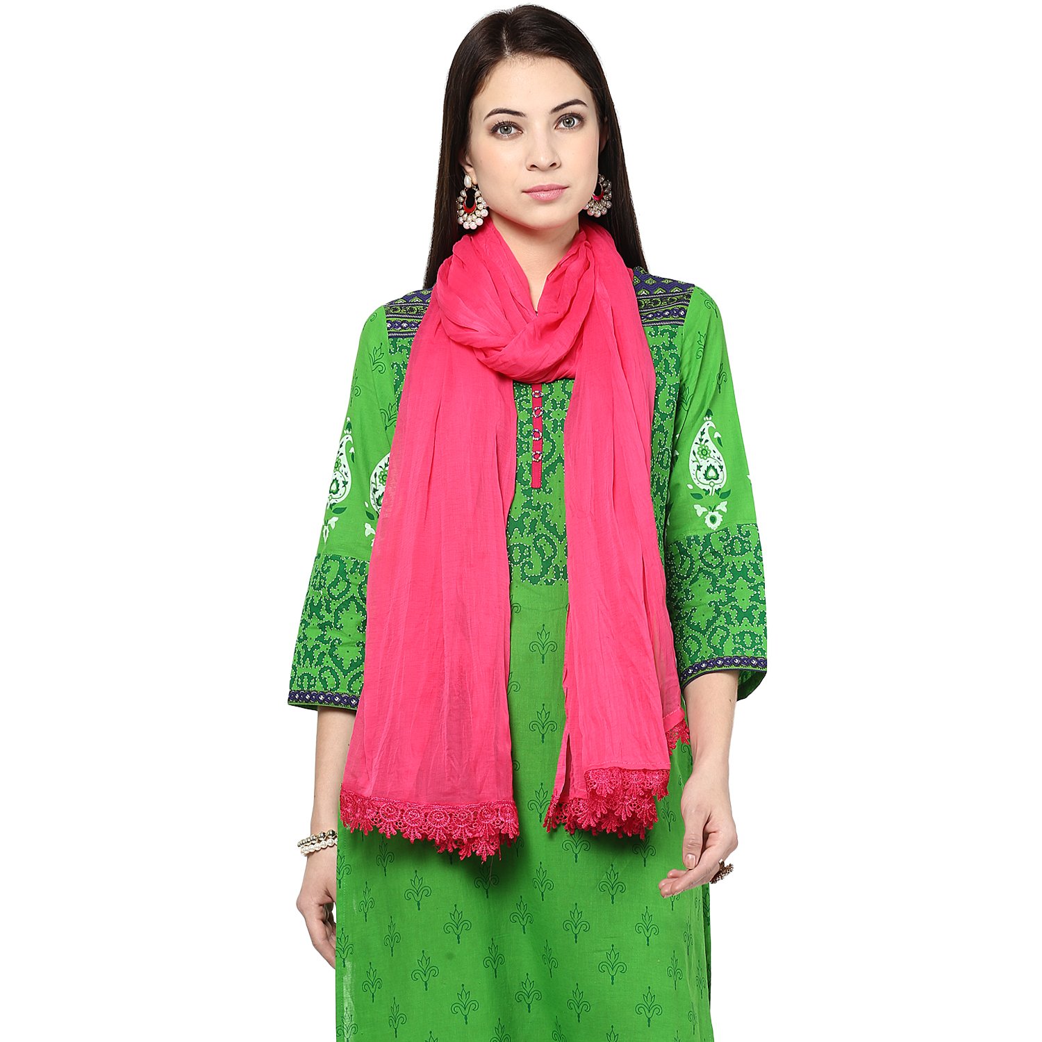Elegant Solid Pink Chiffon Dupatta with Delicate Lace Trim - Perfect for Weddings, Parties & Traditional Outfits