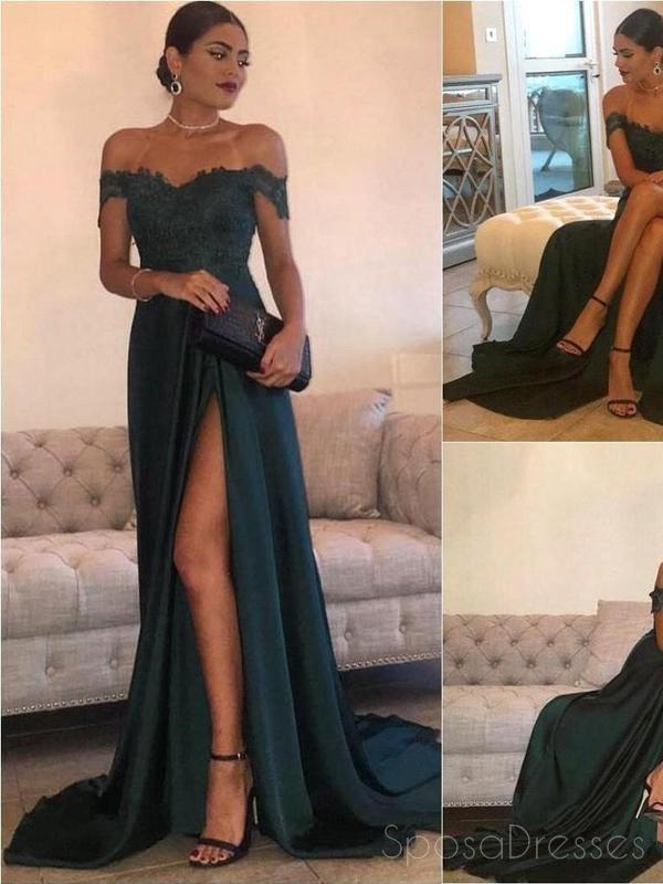 Elegant Dark Green Off Shoulder Sexy Side Slit Long Evening Prom Dress for Women - Perfect for Formal Events, Parties & Special Occasions