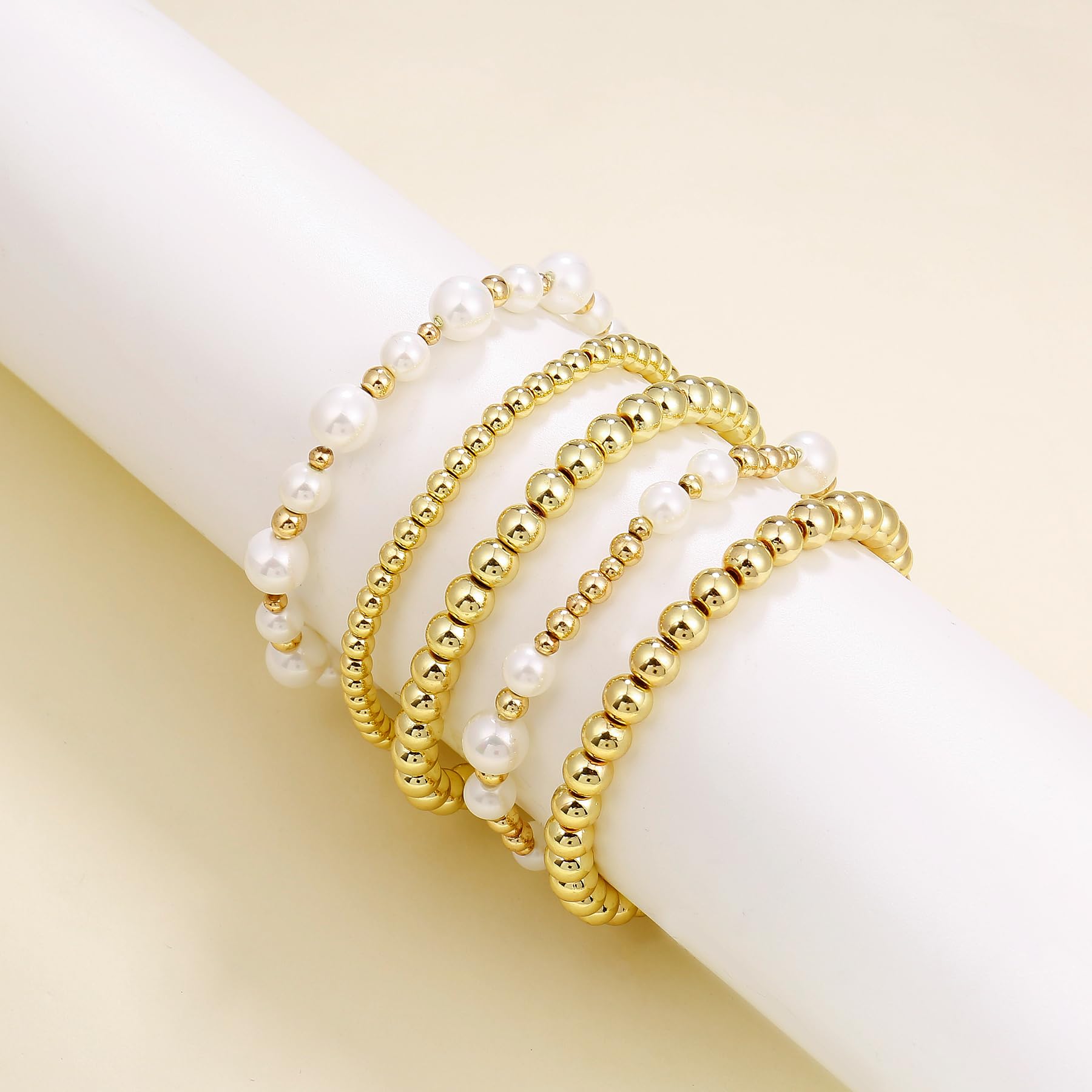 Gold Beaded Bracelets for Women - White & Black Beads, Gold Filled Stretch Elastic Stackable Bracelet Set, Trendy Dainty Layered Jewelry for Everyday Wear, Gift Giving & Special Occasions