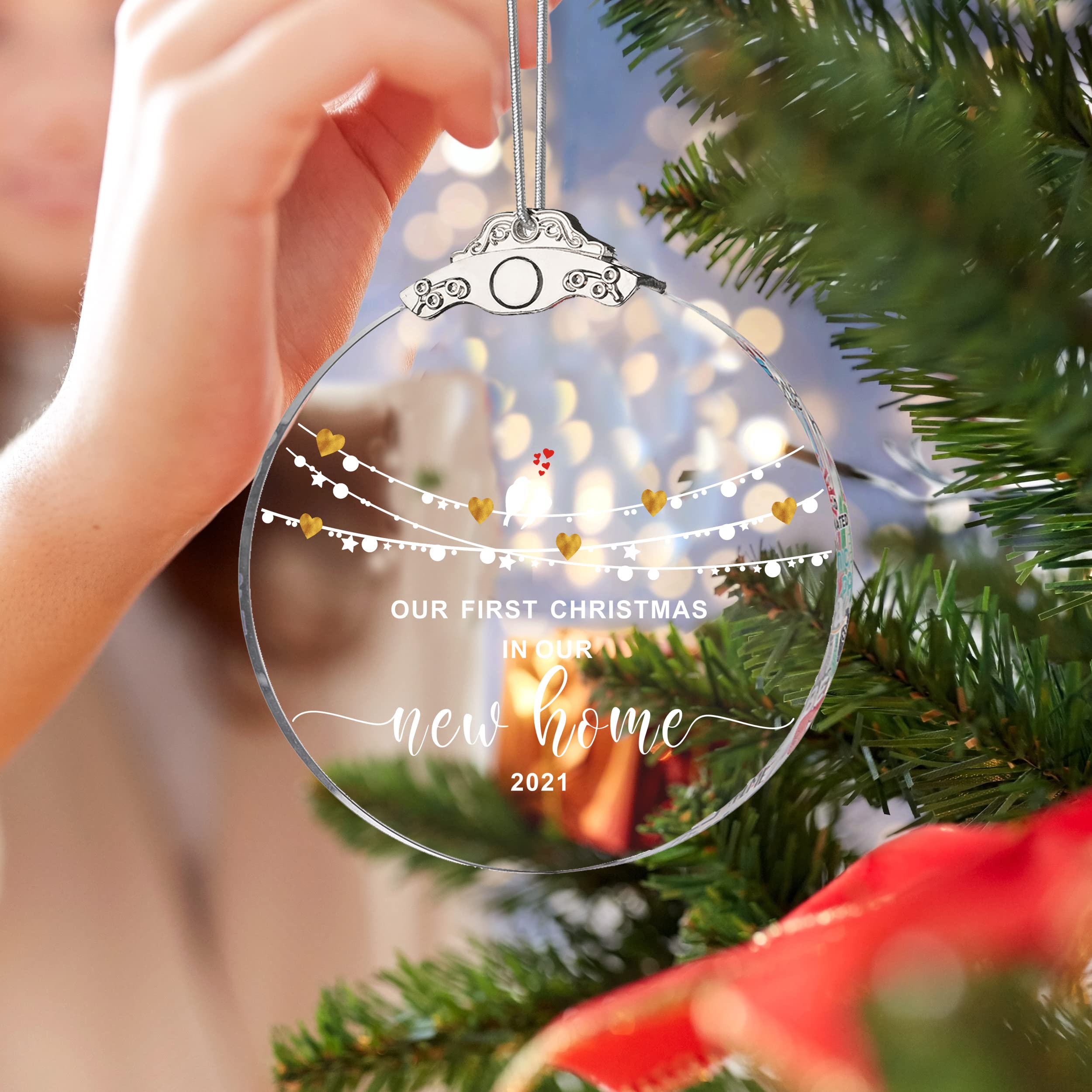 First Christmas in Our New Home - Round Crystal Clear Glass Christmas Ornament | Housewarming Gift for New Homeowners | Wedding Couple Christmas Decor | Holiday Keepsake for Home Decorating & Tree Trimming