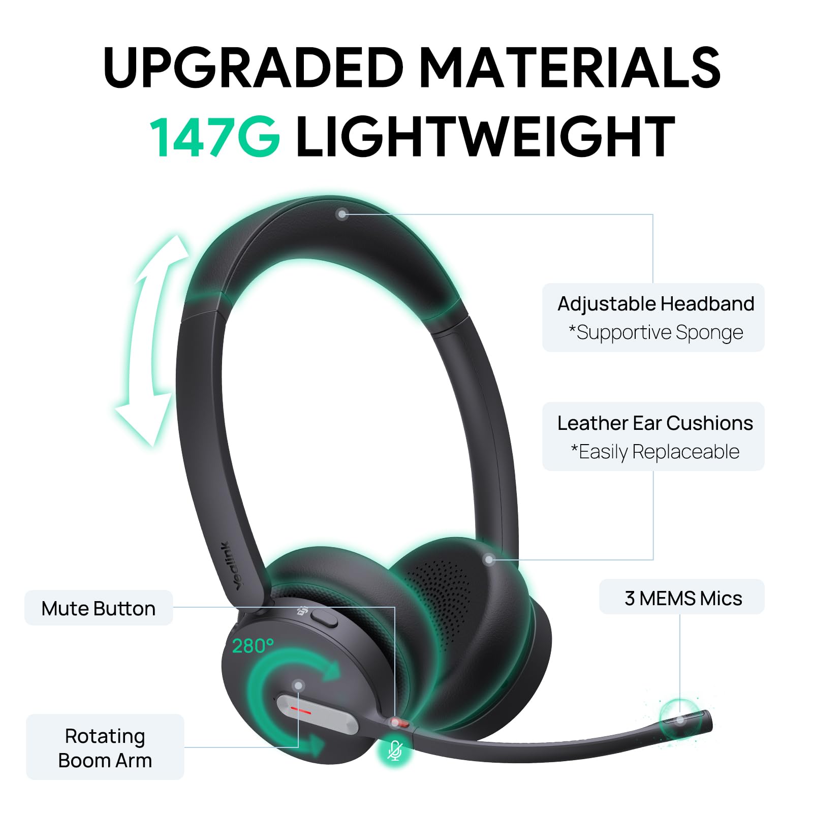 Yealink BH70 Dual Wireless Bluetooth Headset with Noise-Canceling Mic - Microsoft Teams Certified, 35 Hours Talk Time, Lightweight 147g Design for All-Day Comfort, USB-C/A Charging - Perfect for Remote Work, Video Conferencing & Call Centers