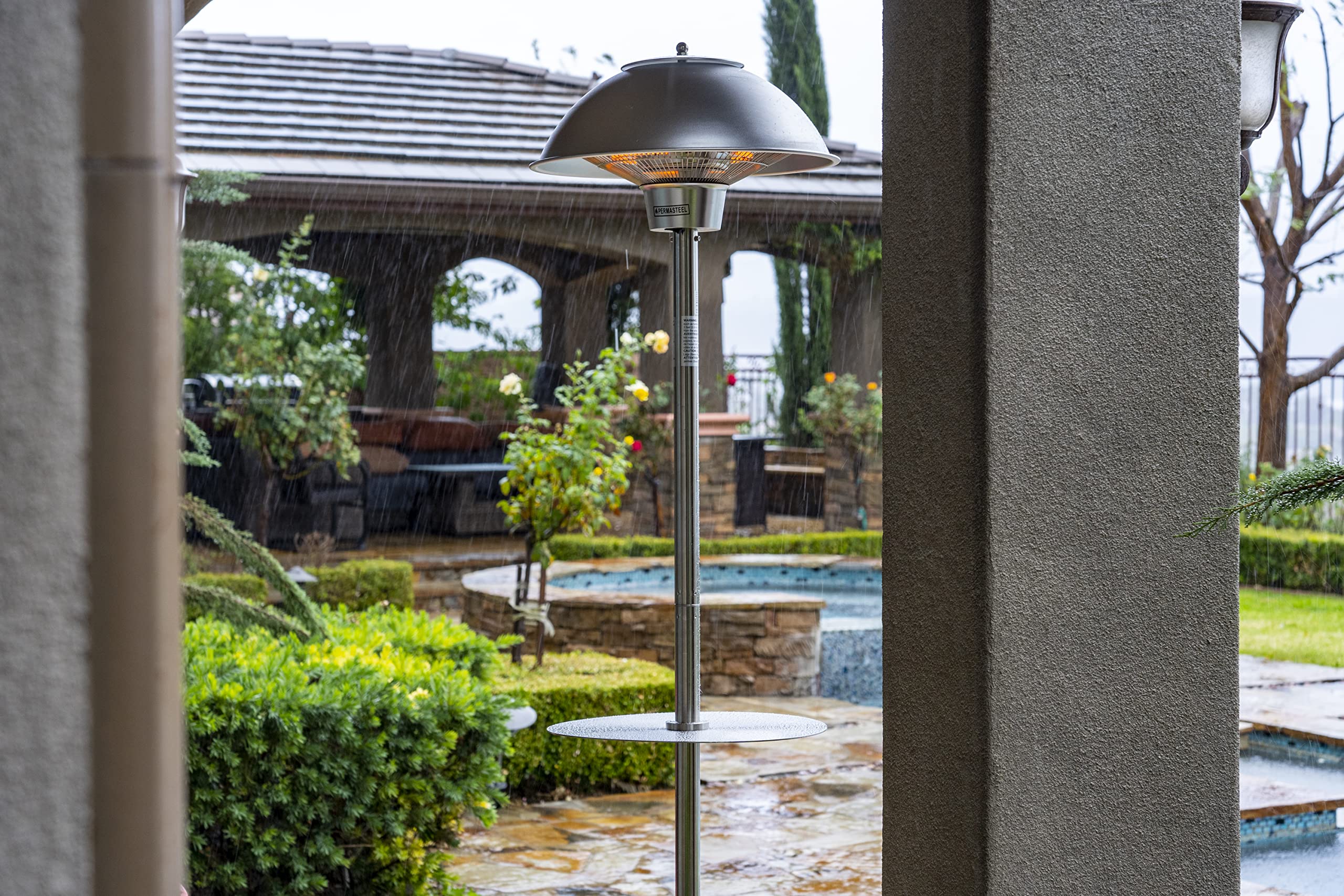 1500W Stainless Steel Electric Patio Heater - Indoor Outdoor Infrared Standing Heater with Table Top | Model PH-90202-SS-AM | Perfect for Backyard, Deck, Restaurant & Patio Warming