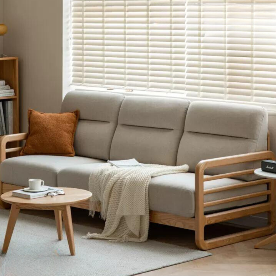 Oak Wood Fabric Sofa with String Style Backrest - Modern Living Room Furniture for Comfortable Home Decor