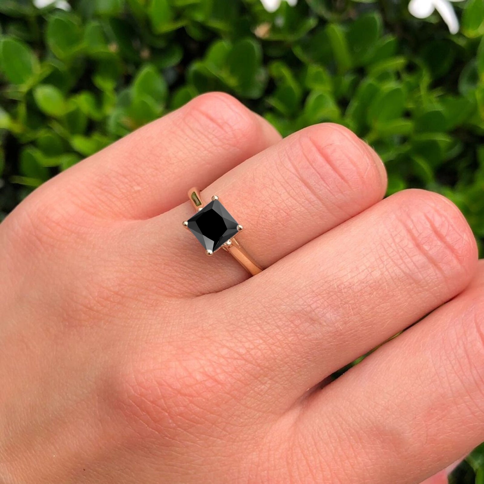 14K Yellow Gold Princess Cut Black Cubic Zirconia Solitaire Ring for Women - Elegant Engagement, Wedding, Anniversary Gift Idea