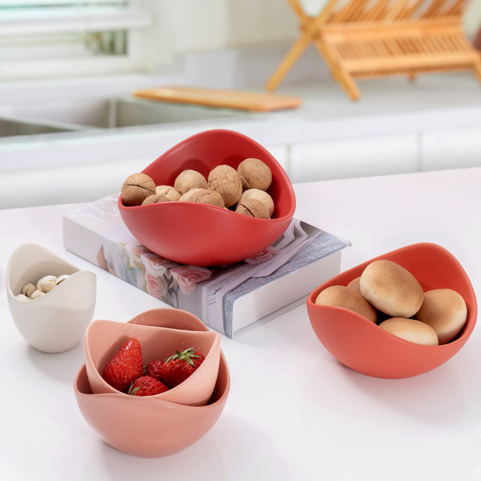 Notakia 5-Pack Porcelain Salad Bowls - Lotus Shaped Pasta & Rice Bowls, Dishwasher & Microwave Safe Ceramic Serving Bowls with Unique Angled Design for Home Kitchen (Orange) - Perfect for Salads, Pasta, Rice & Party Serving