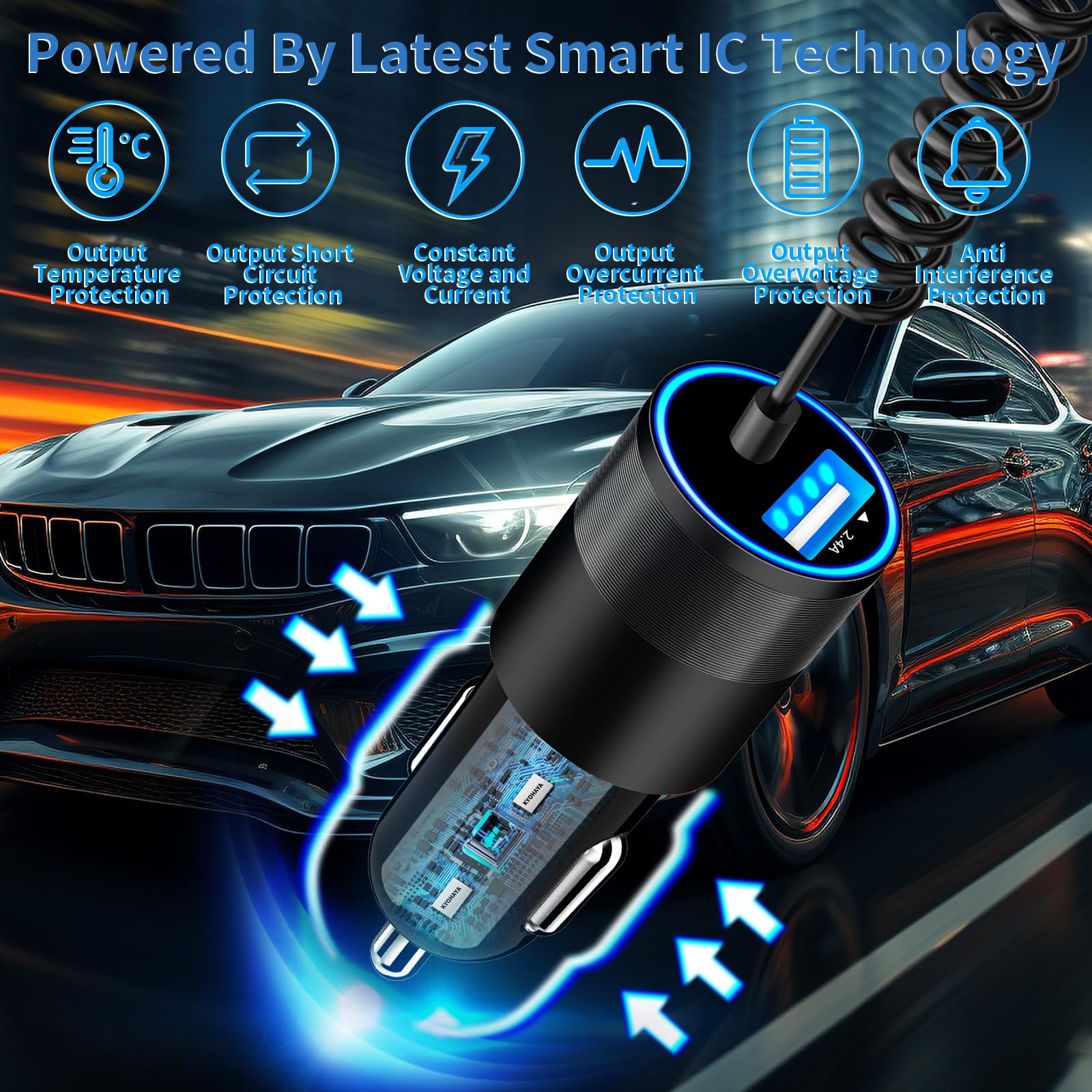 Apple MFi Certified Fast Car Charger for iPhone 15 Pro/Pro Max - 4.8A USB-C Cigarette Lighter Charger with 6FT Coiled Type-C Cable - Compatible with Galaxy S24/S23/Pixel/iPad Pro - Perfect for Road Trips & Daily Commutes