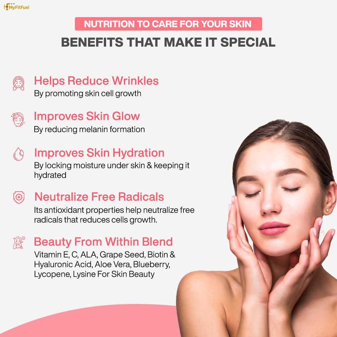 MyFitFuel Skin Beauty Glutathione 120 Capsules - Lycopene, Vitamin C & E, Hyaluronic Acid, Biotin Supplement for Hydrated, Brightening & Radiant Skin - Reduces Melanin for Glowing Complexion - Perfect for Daily Skincare Routine for Men & Women