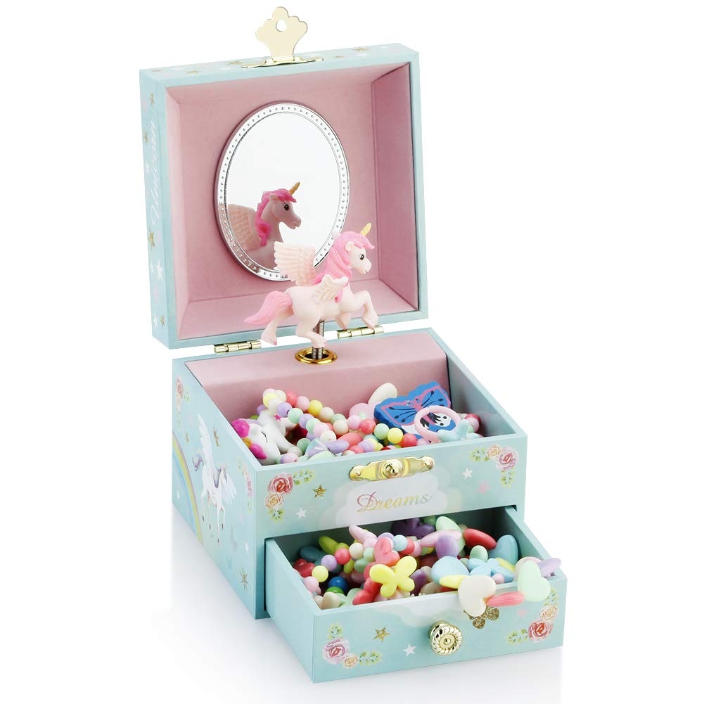 RR ROUND RICH DESIGN Musical Jewelry Box for Girls with Unicorn - Blue Danube Tune, Jewelry Storage Organizer with Drawer & Mirror, Perfect Gift for Birthday, Christmas | Bedroom Decor, Dresser Top Organizer