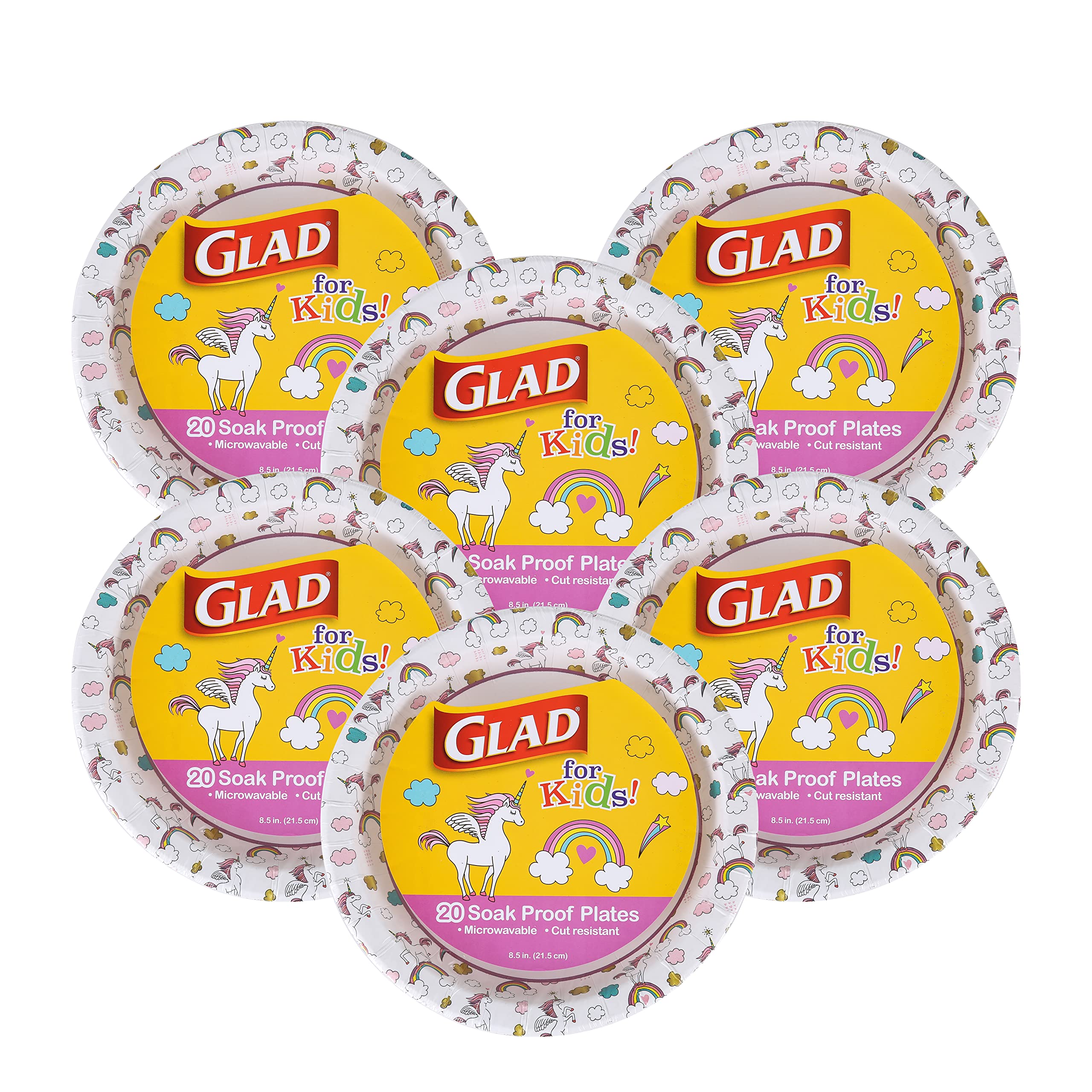 Glad for Kids Unicorns Paper Plates - 8.5 Inch Heavy Duty Disposable Plates with Cute Unicorn Design | Soak Proof & Microwavable Round Paper Plates for Birthday Parties, Picnics & Family Gatherings | 20 Count (Pack of 6)