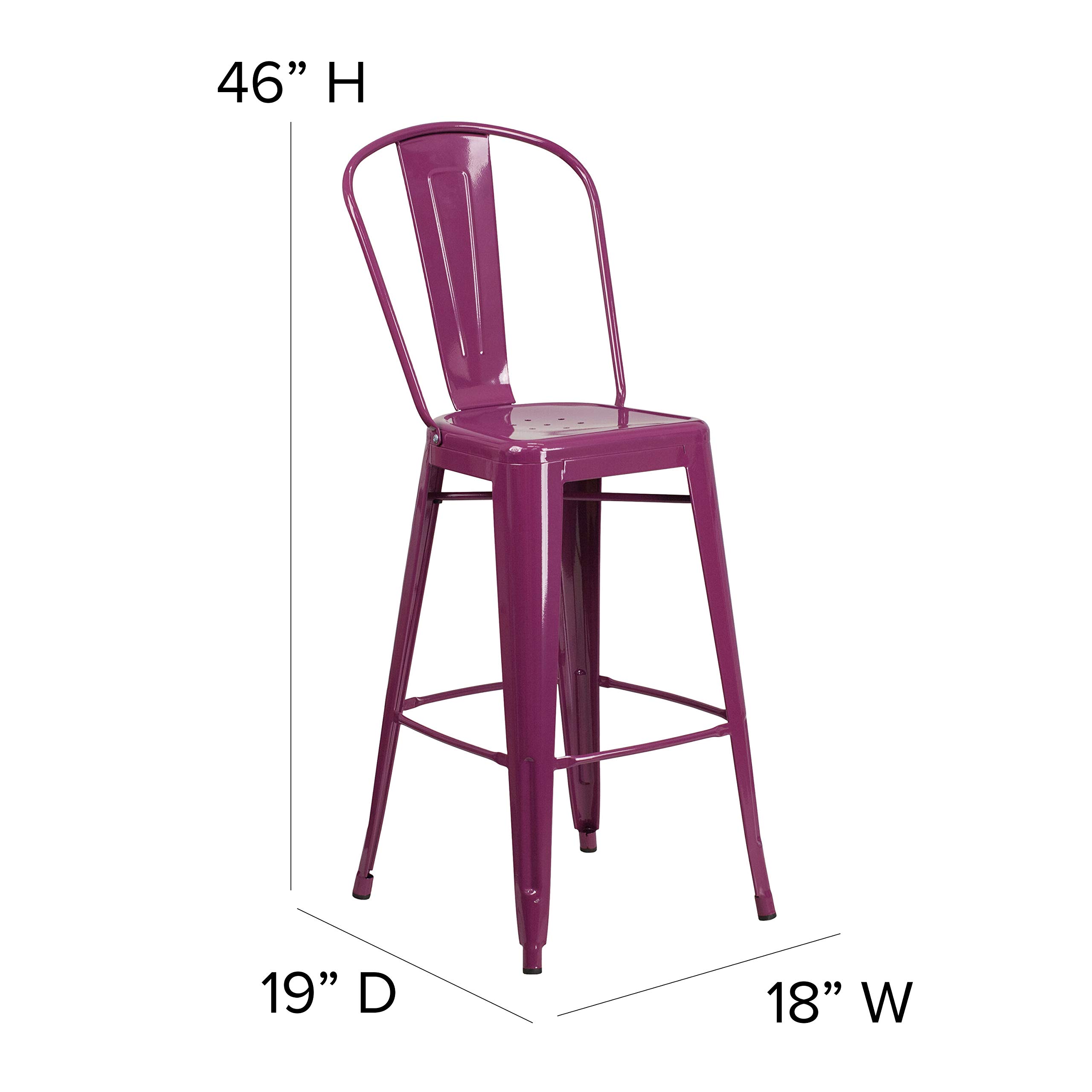 EMMA + OLIVER 30 Inch Commercial Grade Purple Metal Bar Stool with Back - Indoor Outdoor Use for Kitchen Island, Bar Counter & Patio