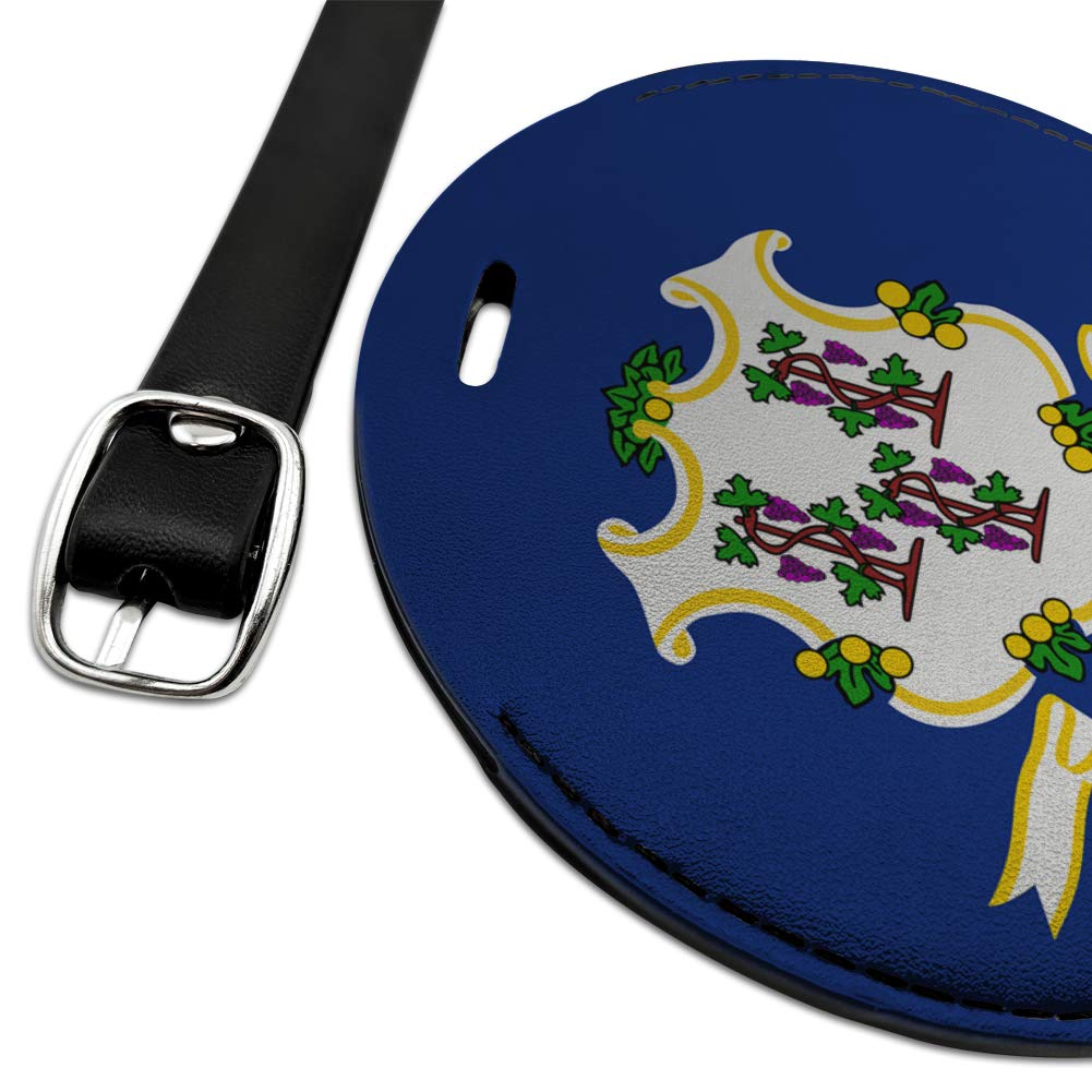 Connecticut State Flag Round Leather Luggage Tag - Personalized Suitcase ID Tag for Travel Bags, Carry-Ons & Backpacks | Perfect for Travel Identification & Gift Giving
