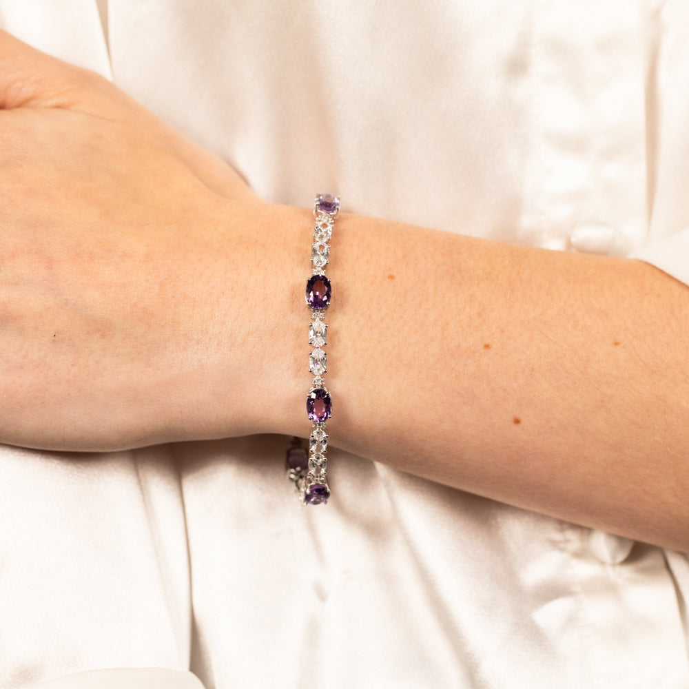 7 Amethyst & 35 Cubic Zirconia Sterling Silver Bracelet - Elegant Jewelry for Women, Perfect for Parties, Weddings & Special Occasions