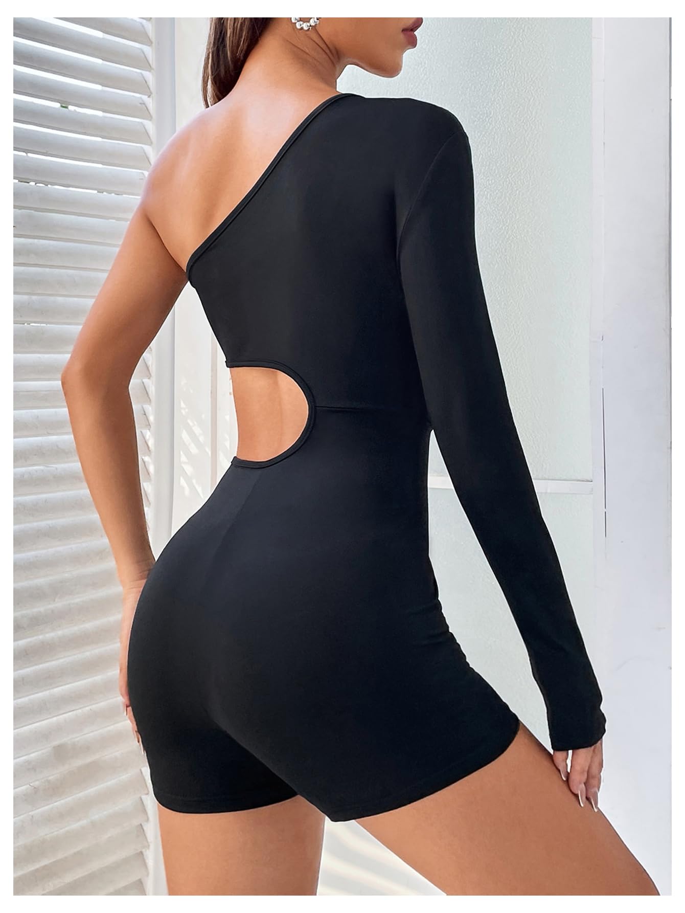 Floerns Women's One Shoulder Cut Out Long Sleeve Jumpsuit - Sexy Clubwear Bodysuit for Night Out, Party & Dance Performance