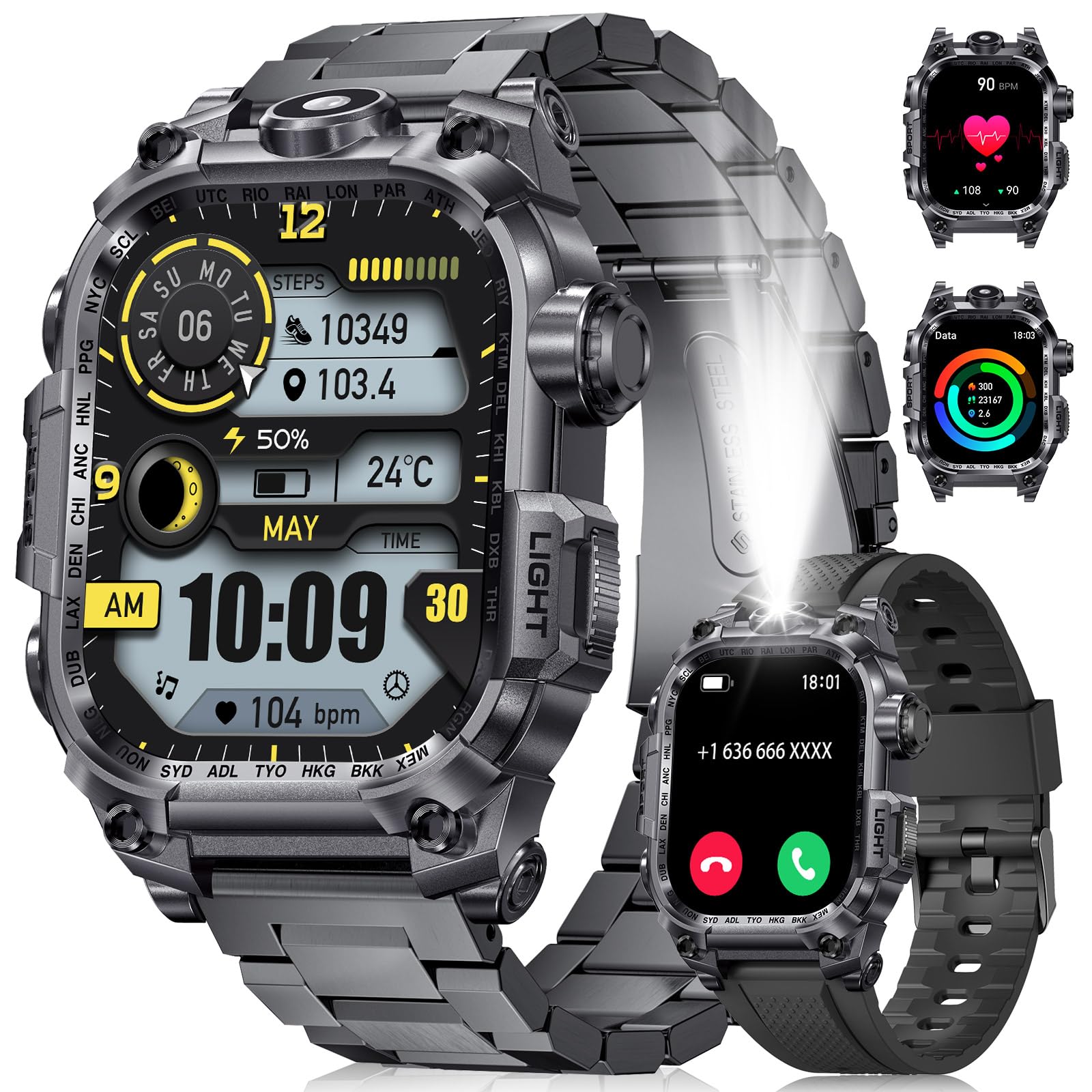 LIGE Military Smart Watch for Men - Answer/Make Calls, LED Flashlight, 2.01