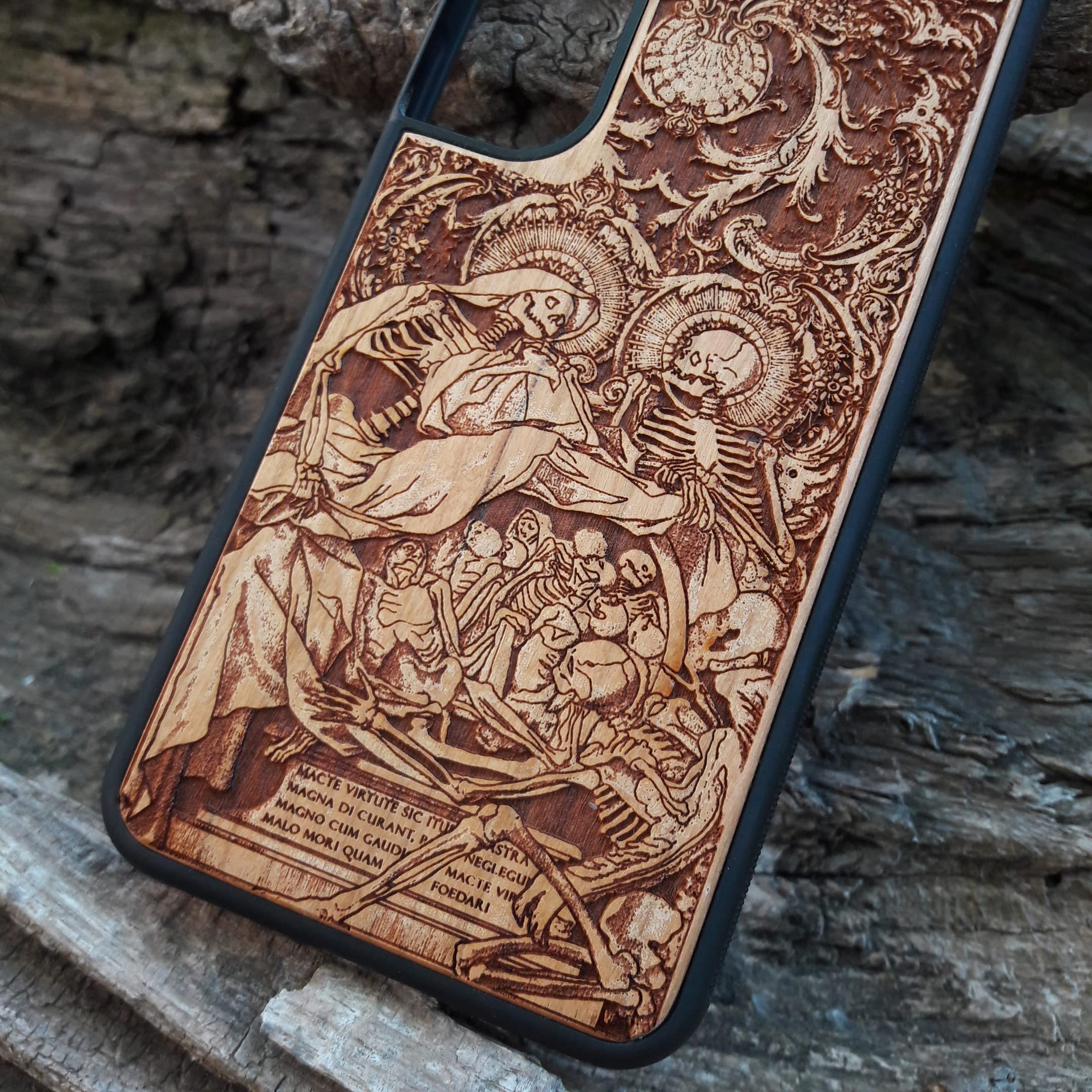 Human Skeleton Laser Engraved Wooden Phone Case for iPhone 16/15/14/13/12/11 Pro Max Mini & Galaxy S25/S24/S23/S22/S21/S20 Ultra Plus - Eco-Friendly Slim Durable Wood Cover - Perfect for Halloween, Gothic Style & Nature Lovers